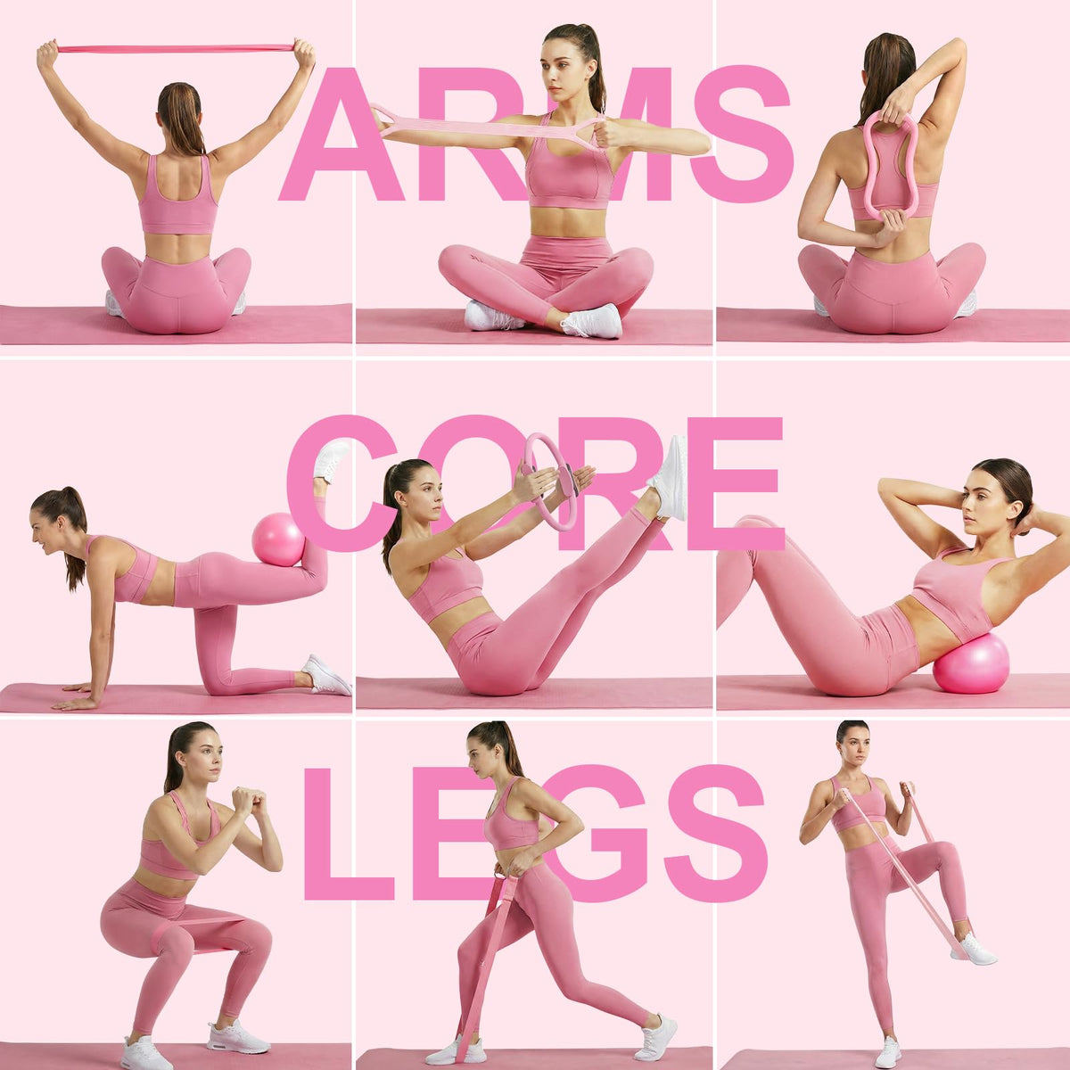 ElaraFit Home Pilates Ring and Ball Set for Women with 5 Resistance Bands 13 inch Magic Circle Workout Starter Kit for Beginners Full Body Toning 15 Min Daily Routine,Gradient Pink
