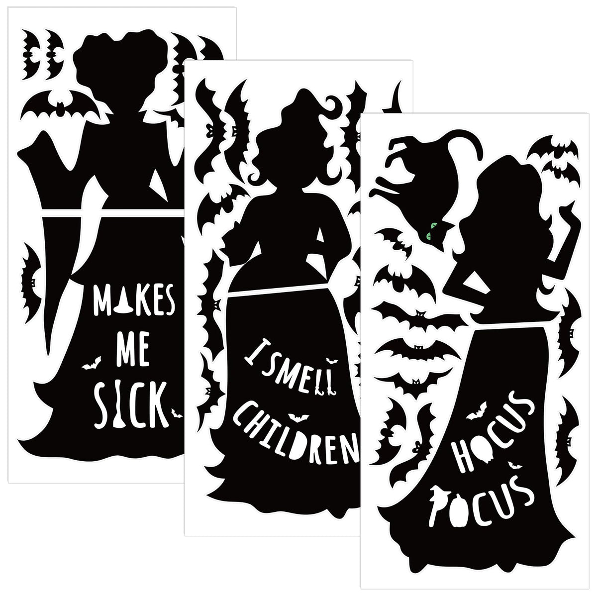 Halloween Window Decals Black Cat Bat Witch Silhouette Reusable Waterproof Static Clings for Glass Home Party Decor 35.4 x 6.9 inch