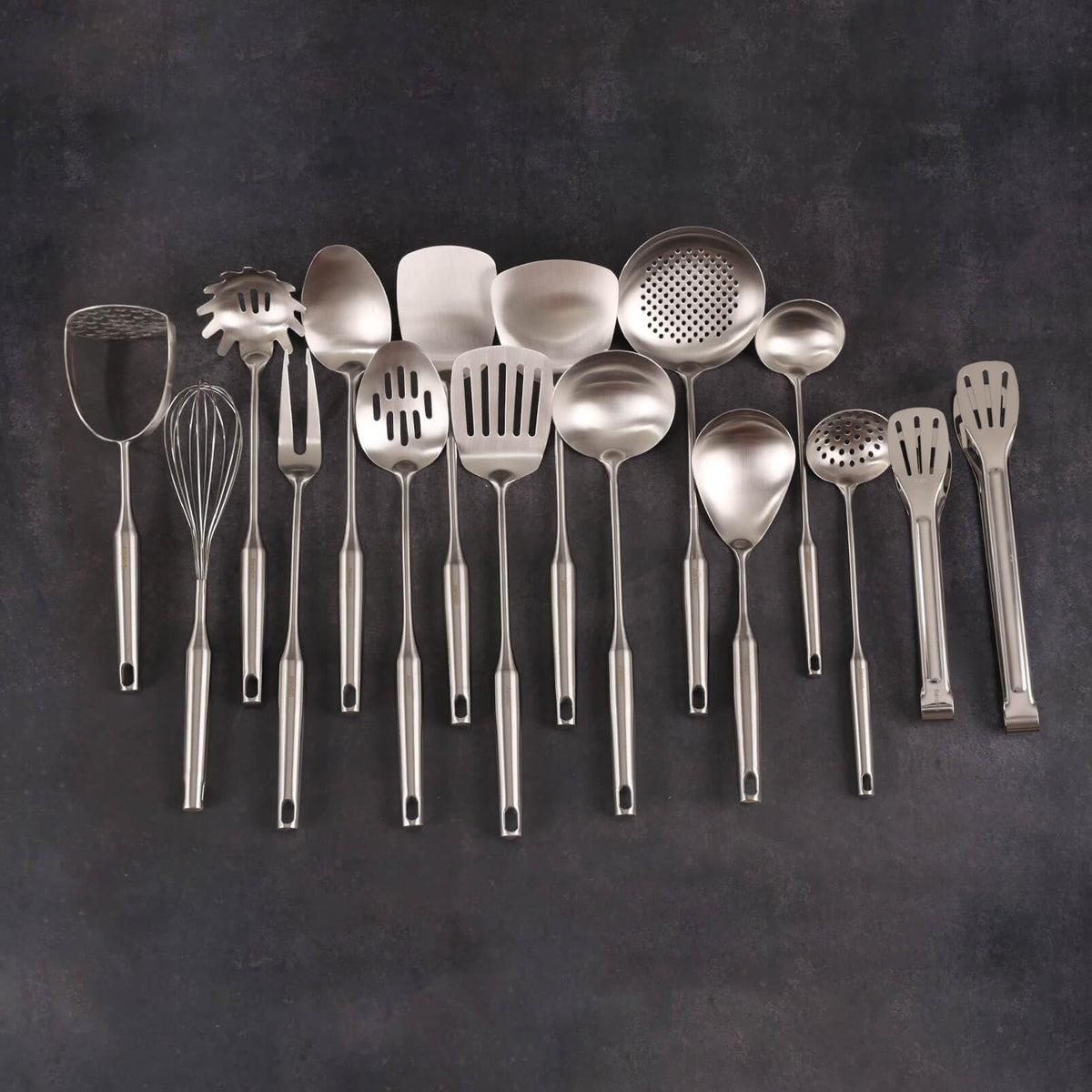 18/10 Stainless Steel Cooking Utensils Set - 16 PCS All Metal Small & Large Kitchen Spoons, Serving Utensils - Whisk, Masher, Fork, Tongs, Solid/Slotted Spoon, Spatula, Turner, Ladle, Skimmer, Pasta