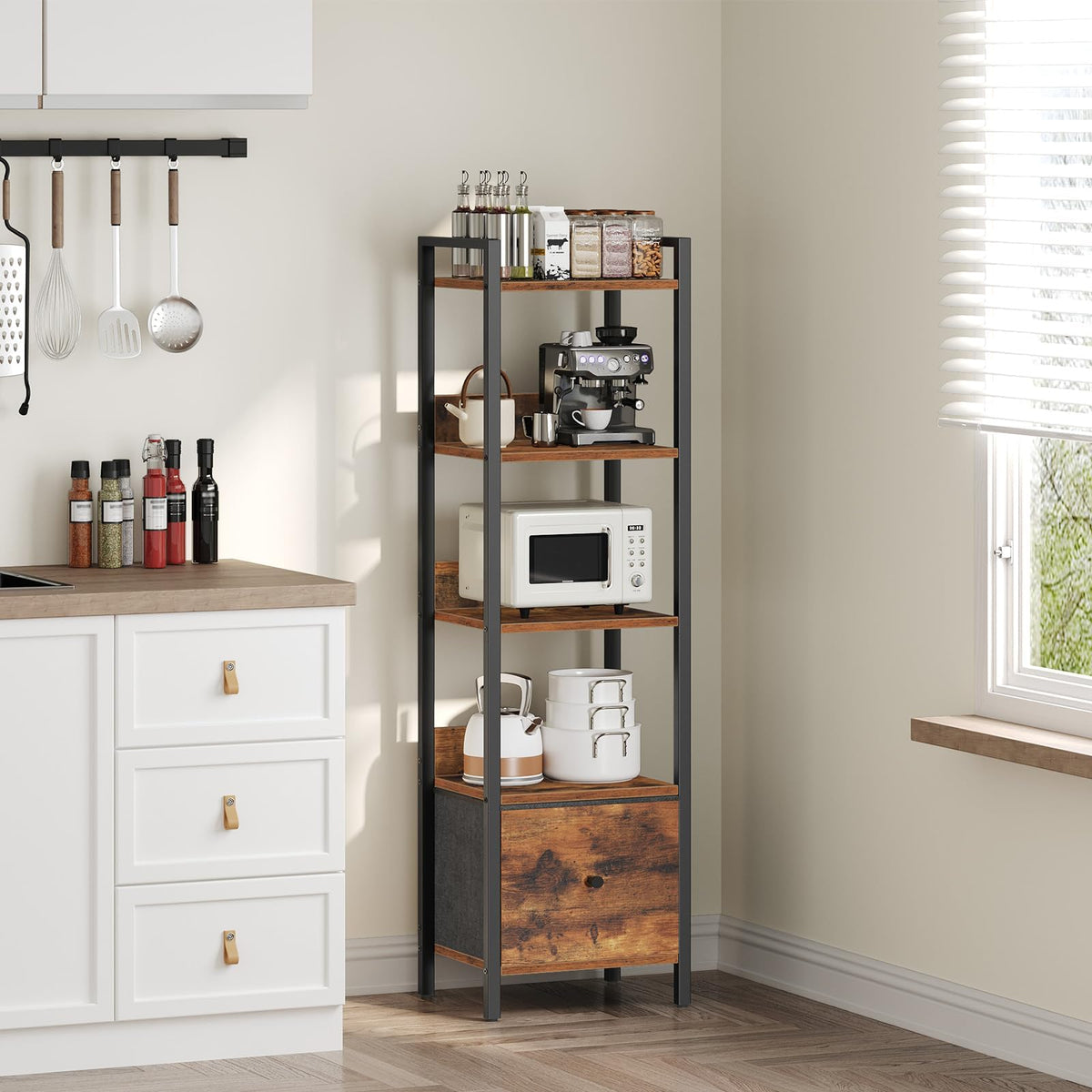 MAHANCRIS Bookshelf, 5-Tier Bookcase with Drawer, Small Book Shelf for Small Space, Storage Shelf Organizer, for Living Room, Bedroom, Study, Kitchen, Rustic Brown and Black BKHR55101