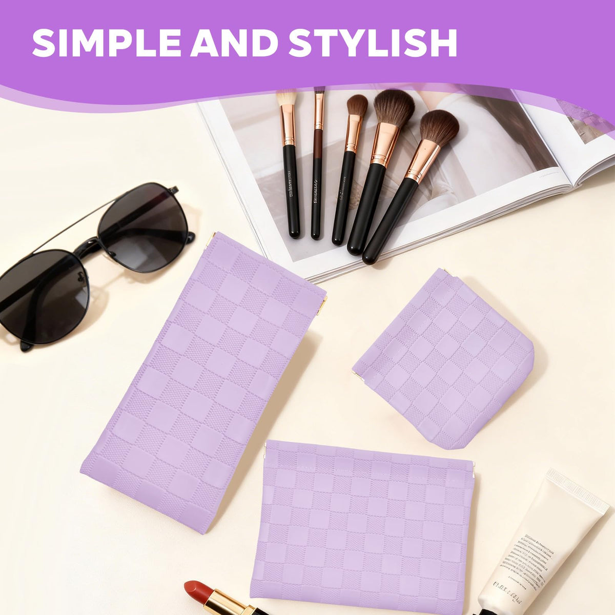 3PCS Small Makeup Bag for Women, Mini Cosmetic Bags Leather Pocket Pouch Purse,Snap Closure Waterproof Portable Bag,Checkered Storage Travel Bag for Lipstick Change Glasses Coin Cards (Purple)