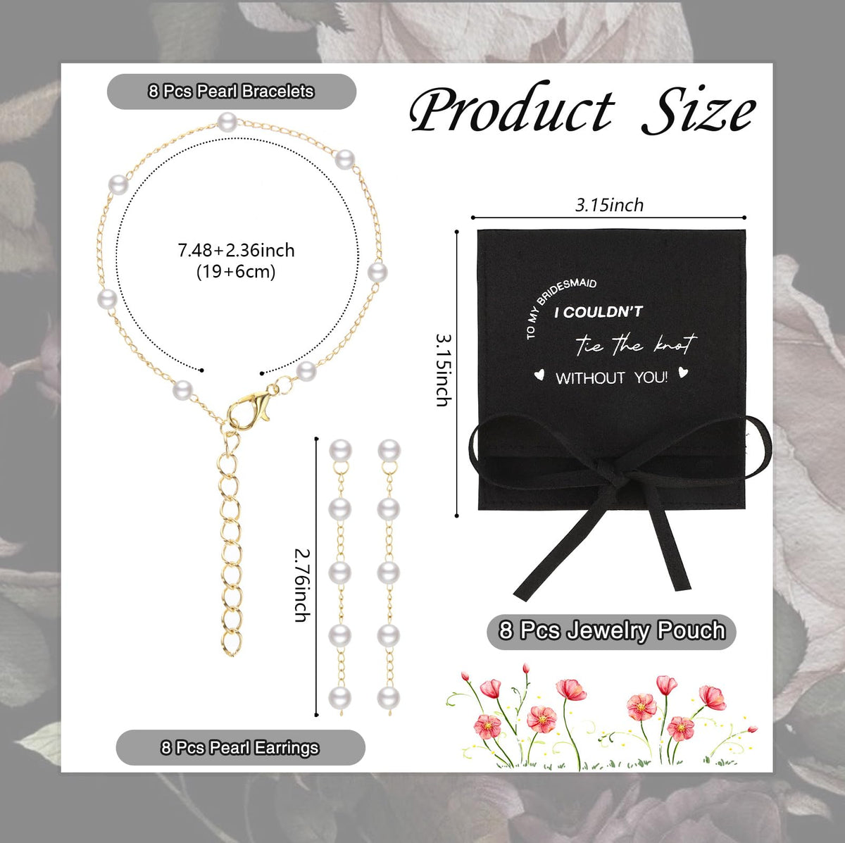 Liliaafar 24 Pcs 8 Set Jewelry Bridesmaid Gift Pearl Set Pearl Bracelet & Earrings, Jewelry Pouch with Bow Tie I Couldn't Tie The Knot Without You Wedding Bridal Shower Party Favor(Black)