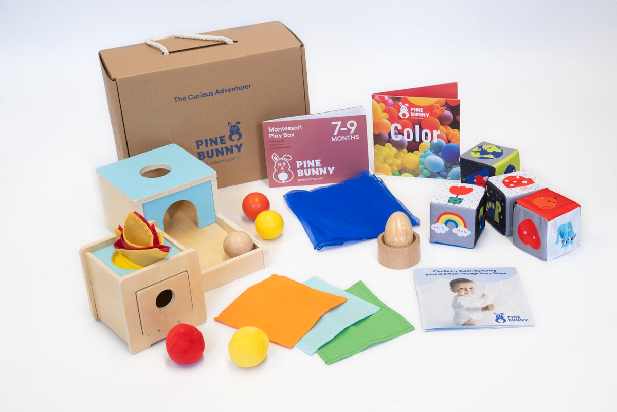 Pine Bunny Montessori Wooden 10-in-1 Toy Set for 7+ Months, Object Permanence Box, Egg and Cup, Tissue Box, Fabric Blocks, Scarf, Educational Learning Sensory Development Fine Motor Skills Baby Toys