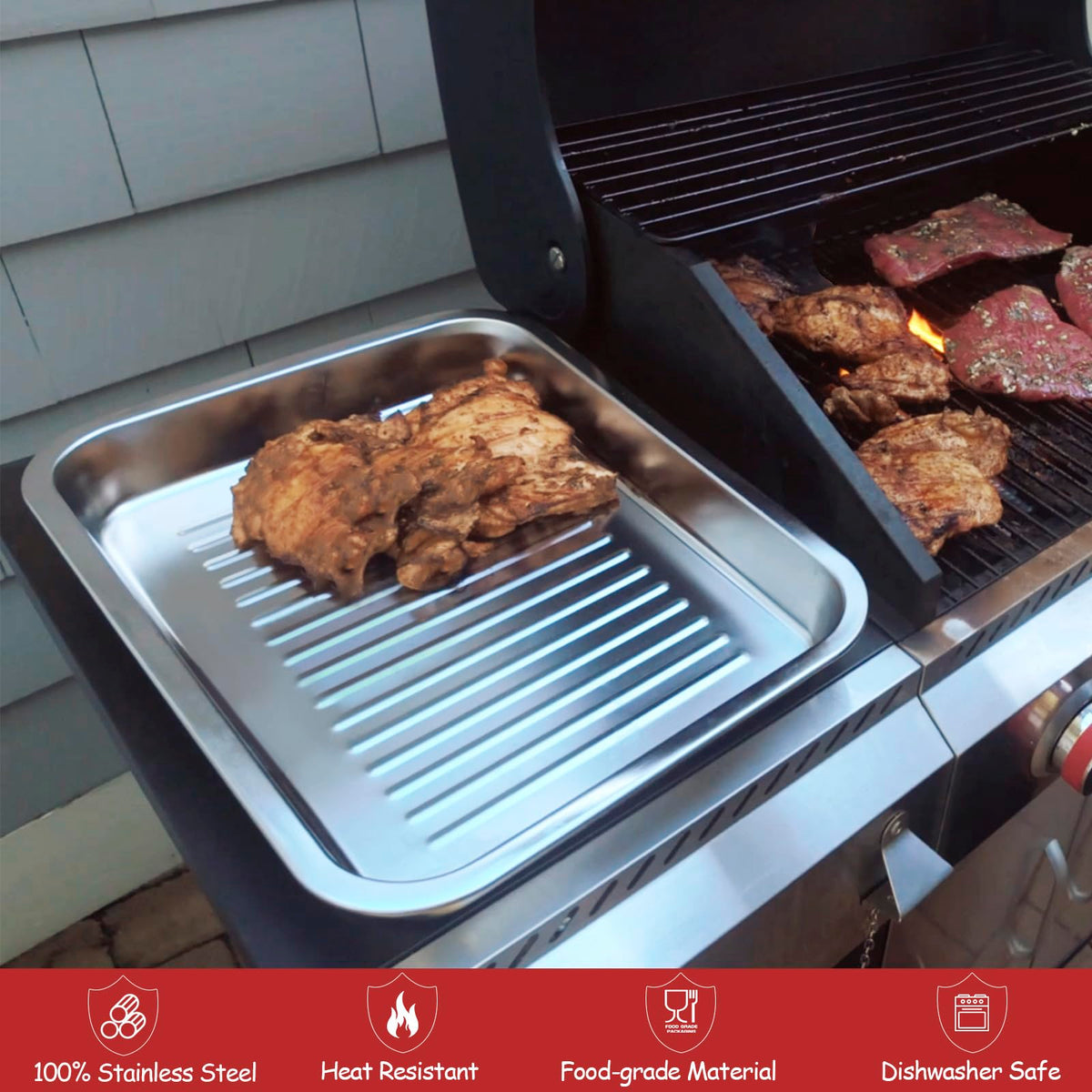 Geesta Grilling Prep and Serve Tays, Stainless Steel Large Capacity Food Prep Tray, Grill Carry System, Marinade Container with Lid and Cutting Board,BBQ Grill Accessories, Grilling Gifts for Men