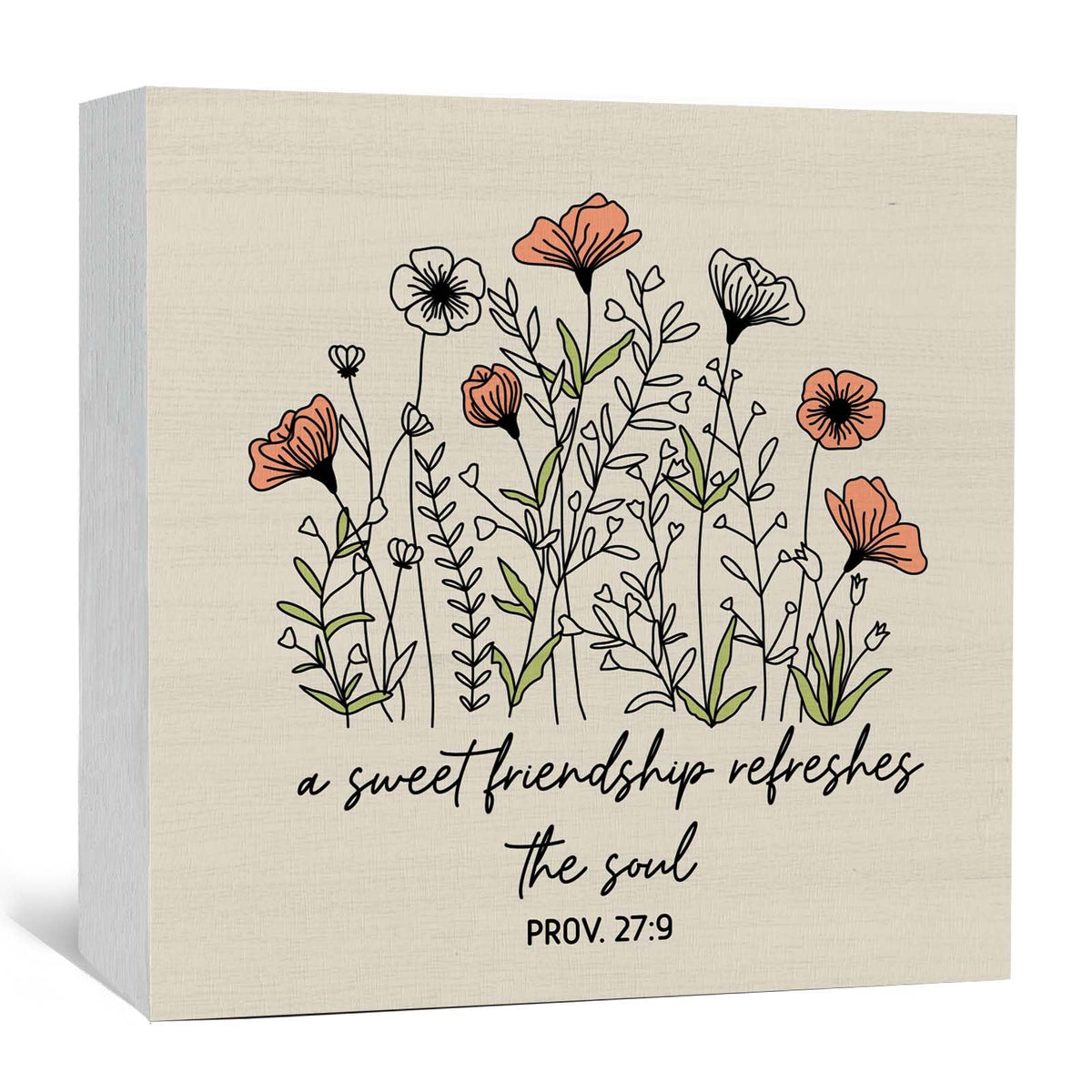 GWOKPAAI Christian Friendship Floral Wooden Box Signs Desk Decor, Christian Gifts for Women,a Sweet Friendship Refreshes the Soul Wooden Sign Desk Decorations for Home Room Tabletop Shelf Wall,5x5in