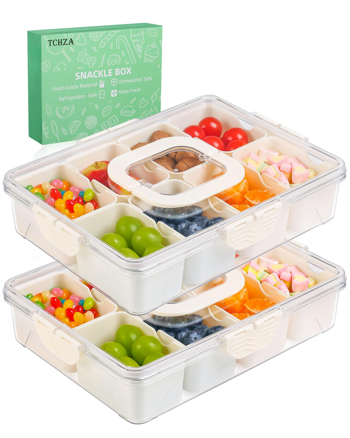 2 Pack Snackle Box Container - Dishwasher Safety Divided, Serving Tray with Lid and Handle - Charcuterie Board for Portable Snack Platters - Clear Organizer for Fruits Snacks,Perfect for Road Travel