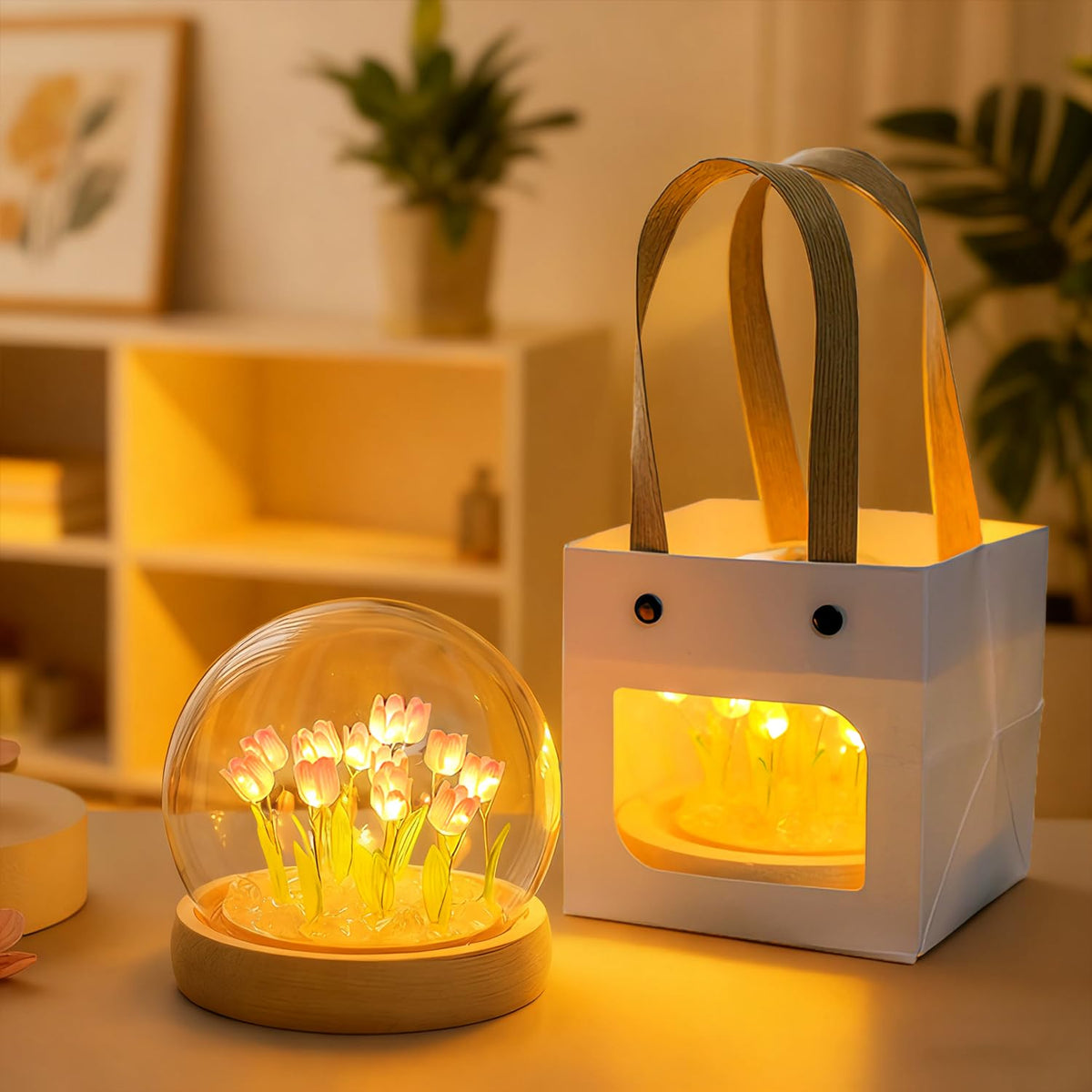 Lifnatty Mothers Day Tulips Gifts for Women – Tulip Lamp with Glass Dome, Birthday Gift for Girlfriend, Wife, Mom, Battery Operated LED Flower Night Light for Bedroom, Home and Table Decor