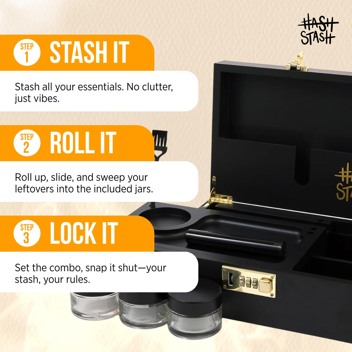 HASHSTASH The OG Storage Box - Large Bamboo Box with Combination Lock, Magnetic Lid, Organizer Tray, Airtight Tube and 3 Jars - Discreet Decorative Locking Wooden Box with Accessories (Black/Gold)