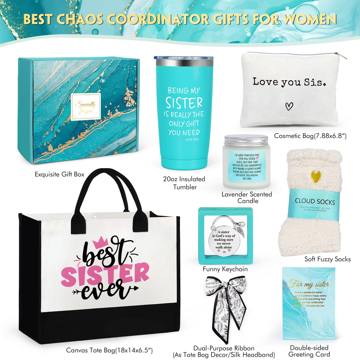 Sisters Gifts from Sister, Birthday Gift, Christmas Mothers Day Gifts for Women, Best Ever Gift Basket with Tote Bag, Cool Love You Box Unique Present Ideas for Sis Adult, Sister in Law Pink