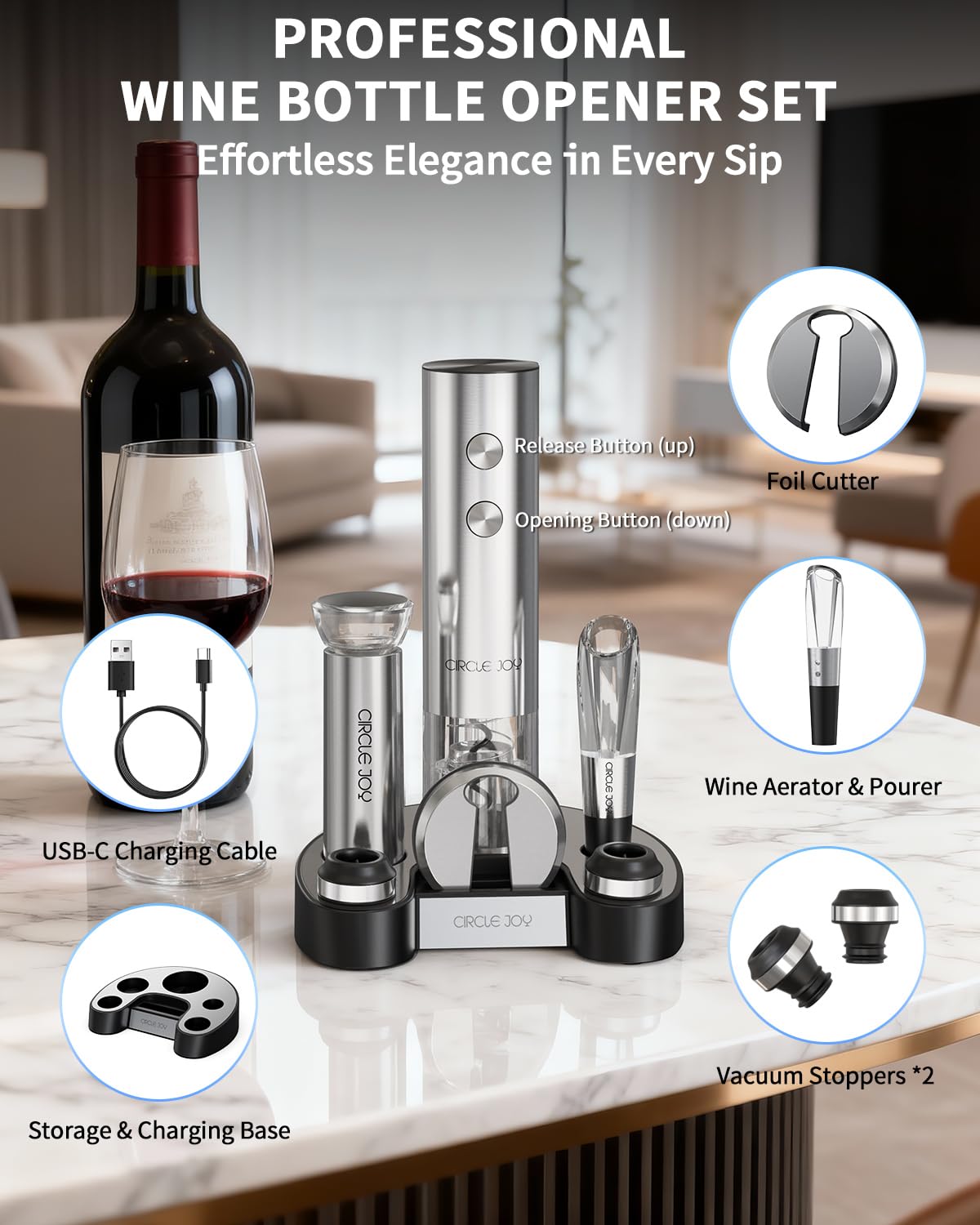 CIRCLE JOY Electric Wine Bottle Opener Set Stainless Steel Rechargeable Wine Opener 8-in-1 Wine Gift Set with Charging base, Foil Cutter, Wine Aerator Pourer, Vacuum Pump & 2 Wine Stoppers, Silver
