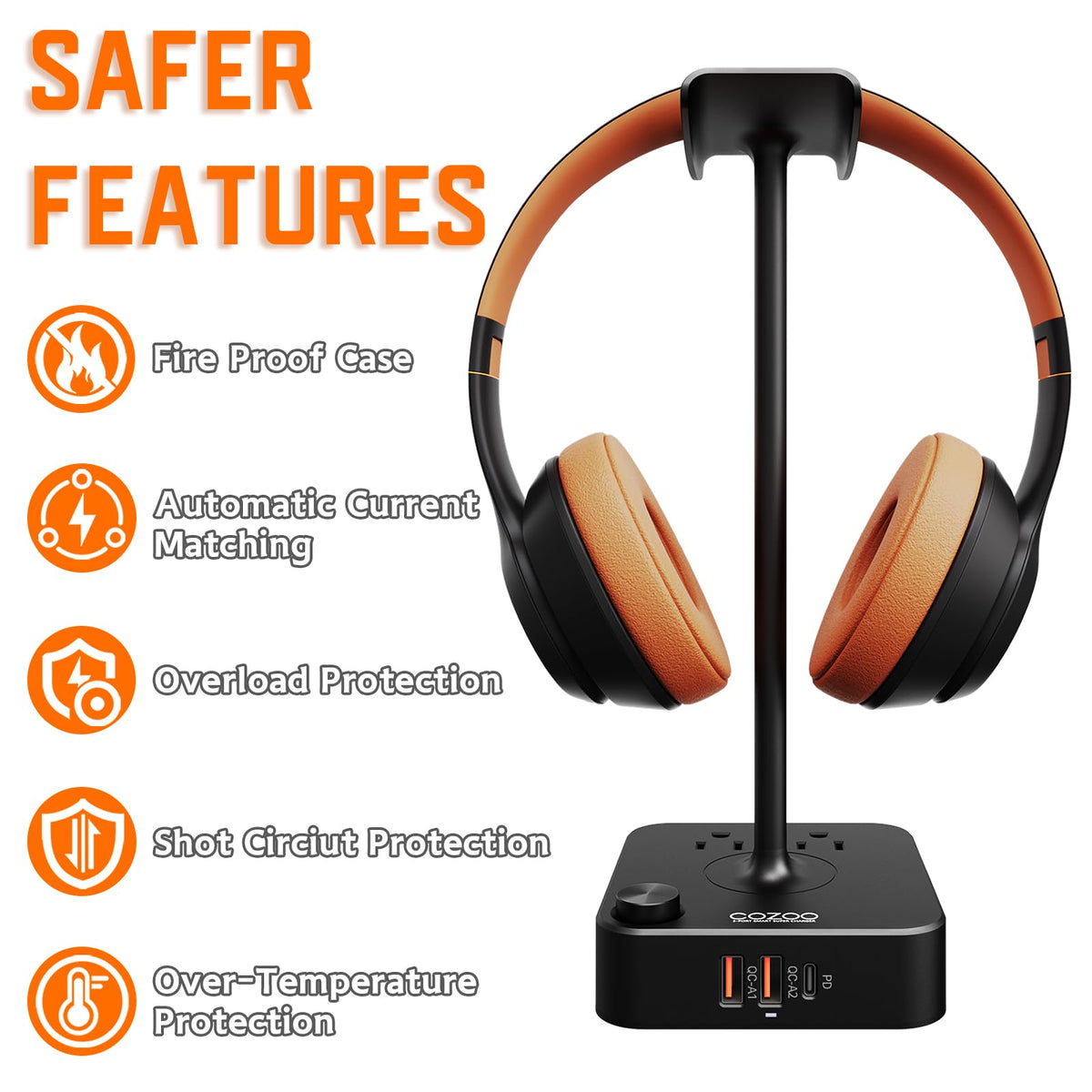 COZOO Headphone Stand with USB Charger Desktop Gaming Headset Holder Hanger with 3 USB Charging Station and 2 Outlets Power Strip,Suitable for Gaming, DJ,Wireless Earphone Display, Gamer Gifts for Men