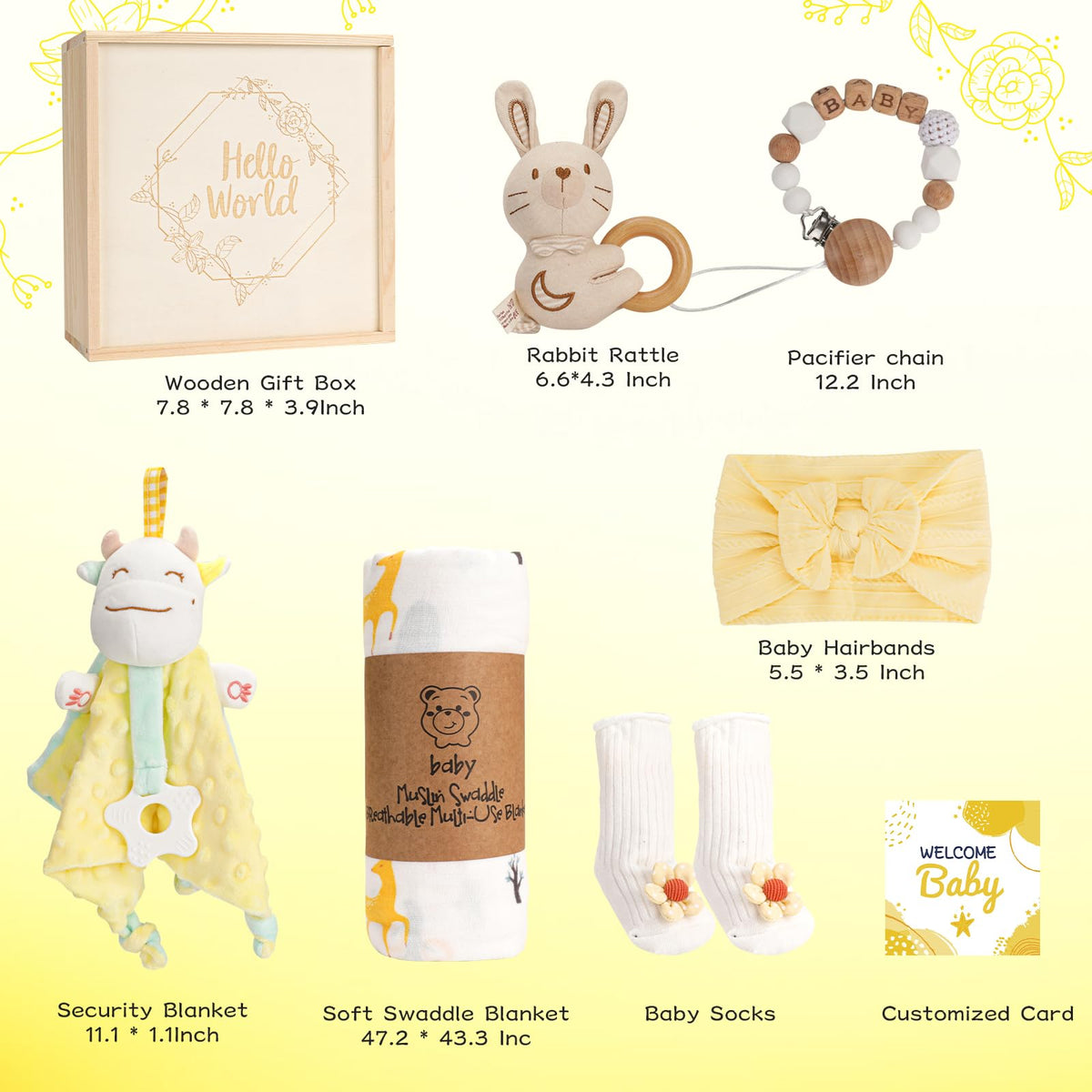 Elysirise Baby Girl Gifts, for Girls,Newborn Essentials Baby Girl Basket,Wooden Baby Gift Basket Swaddle Blanket Rattle Toy Headband Bow Infant