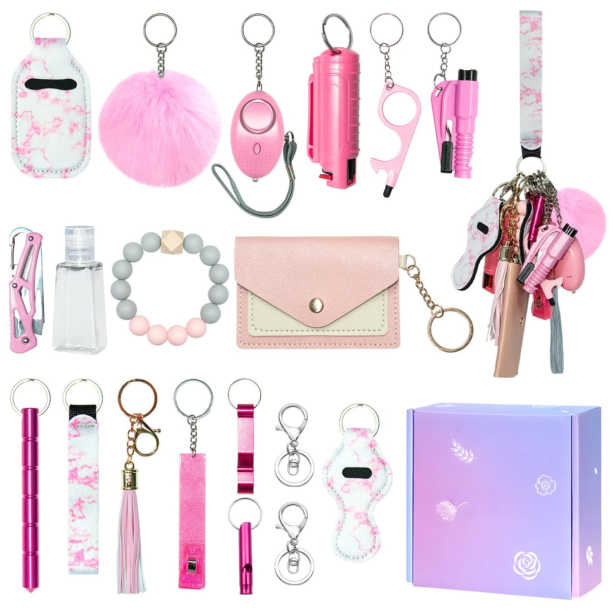 Jsngbse Safety Keychain Set for Women, Wristlet Keychain for Women with Bottle Opener, Card Holder, Wristlet Strap, Whistle, Travel Bottle Holder, Bracelet Safety Keychains for Accessories Kit