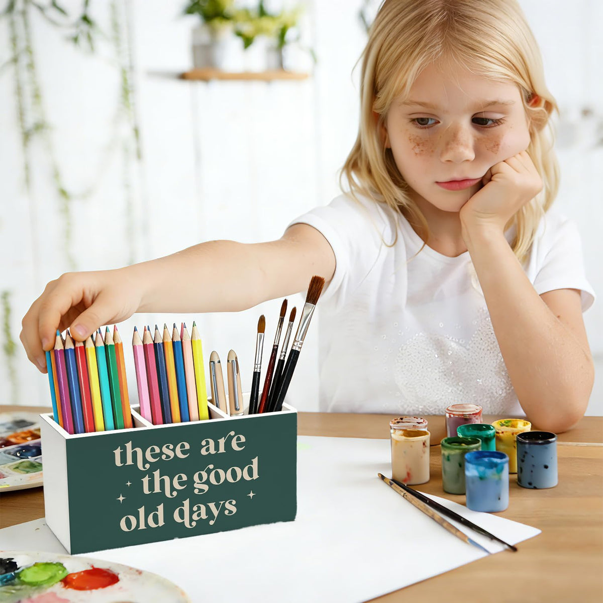 SkyCozy Green Inspirational Pen Pencil Holder for Desk, Motivational Inspirational Gifts, These Are the Good Old Days Positive Affirmation Wooden Box Sign Decorations for Home Office Desk Tabletop