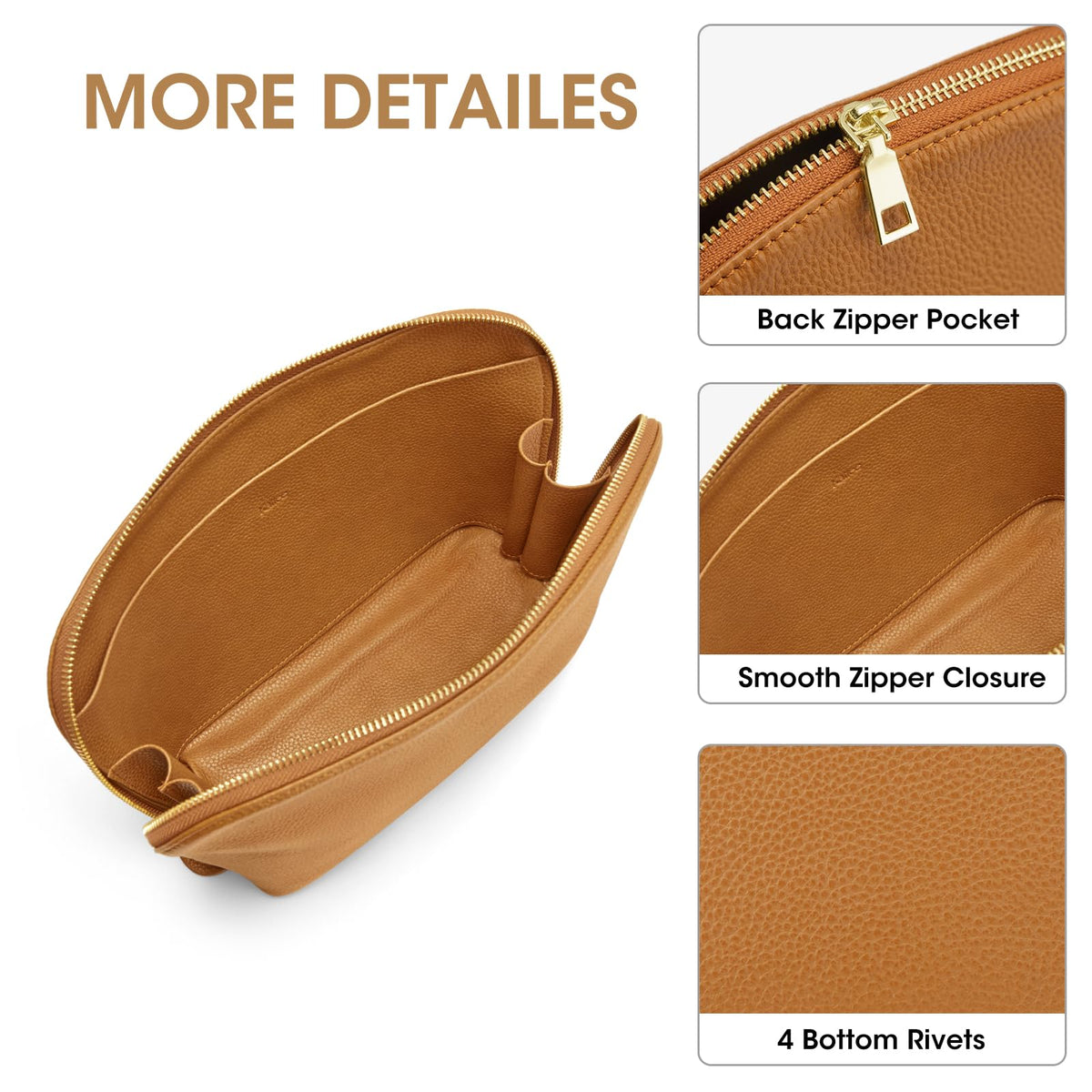 Kattee Leather Makeup Bag, Travel Cosmetic Bag Set, Toiletry Bag Organizer for Women, 1-PACK, Medium, Brown