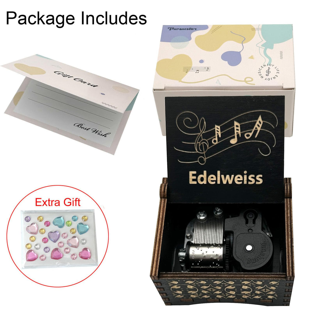 Pursuestar Edelweiss Wind Up Music Box, Vintage Engraved Wood Mechanism Musical Gifts for Birthday Mother's Day Valentine's Day Christmas Thanksgiving