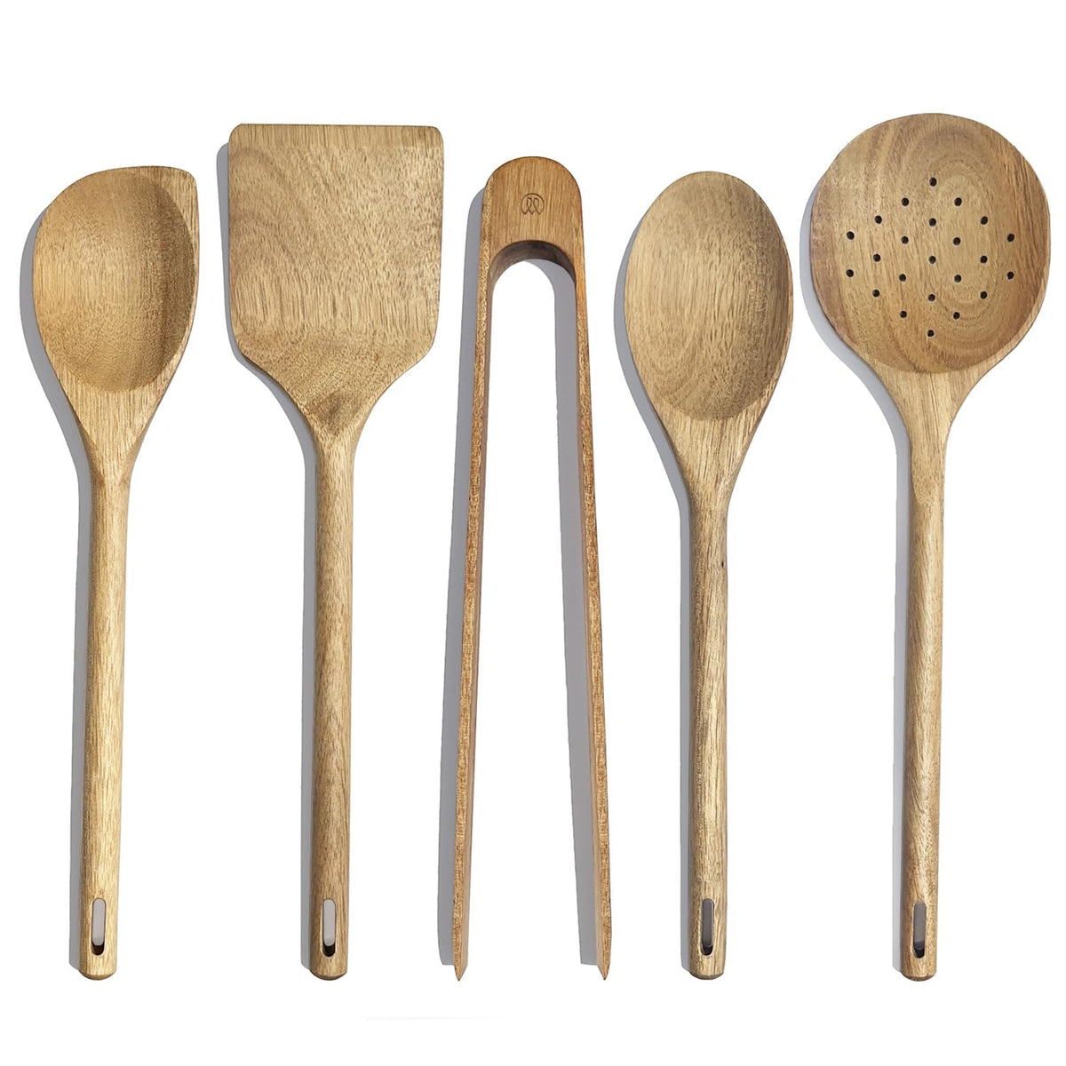 Mitus Non-Toxic Wooden Cooking Utensils - 5 Pcs Natural Acacia Hardwood Set for Nonstick Pans & Cookware - Kitchen Gift Set (Wooden Spoons, Skimmer, Tongs, Spatula)