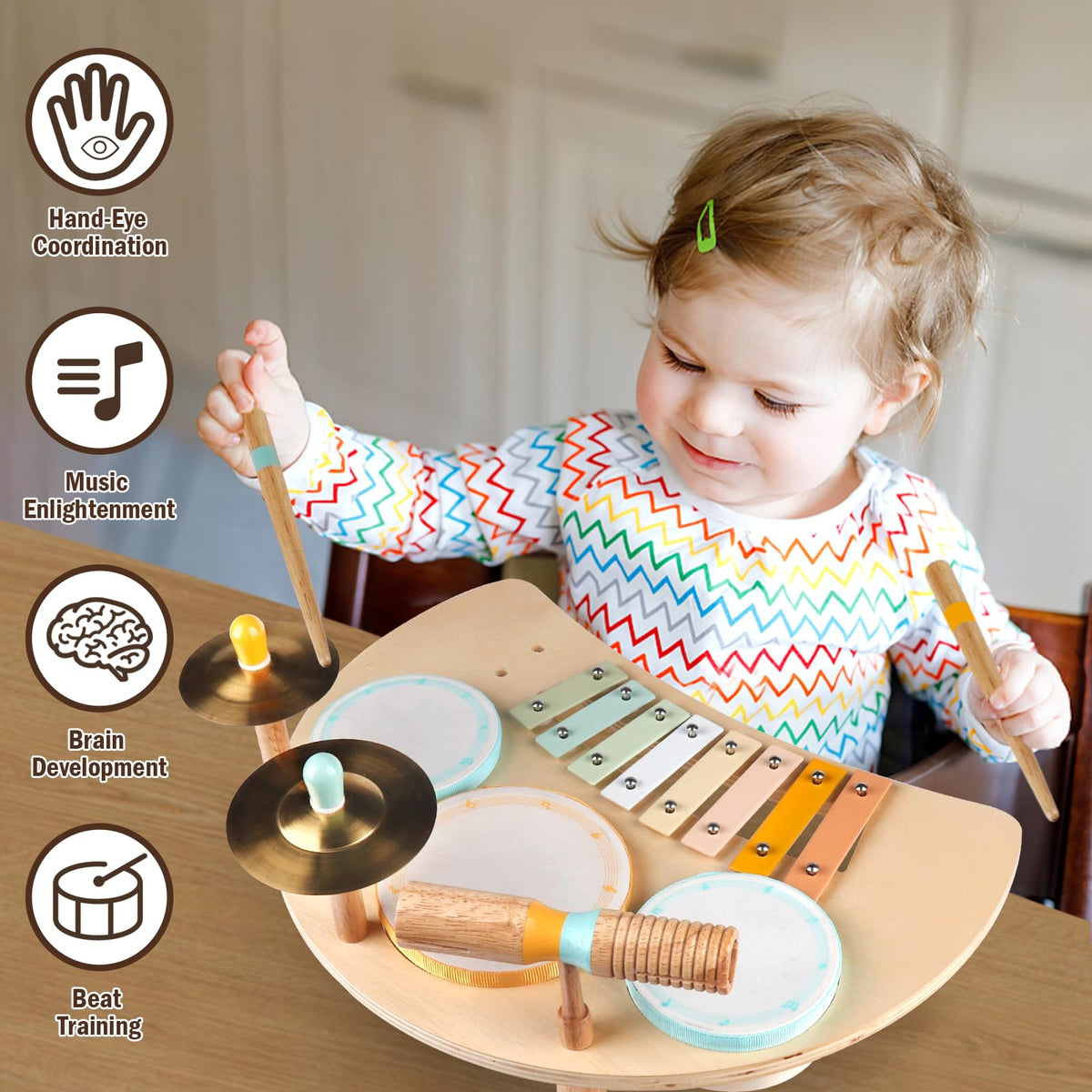 Toddlers Drum Set Toys for Toddlers 1-3,Baby Drum with Xylophone,Musical Instruments Toy, Kids Wooden Montessori Toys Birthday Gift for Boys Girls