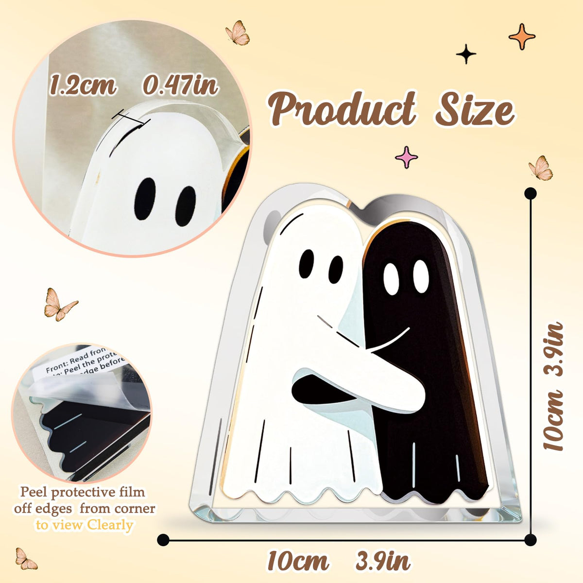 Hugging Ghost Decorative Sign Acrylic Cute Plaque Desk Decor Halloween Gifts For Women Kids Men Adult Friends Coworker Birthday Christmas Gifts Black White Design Goth Accessories