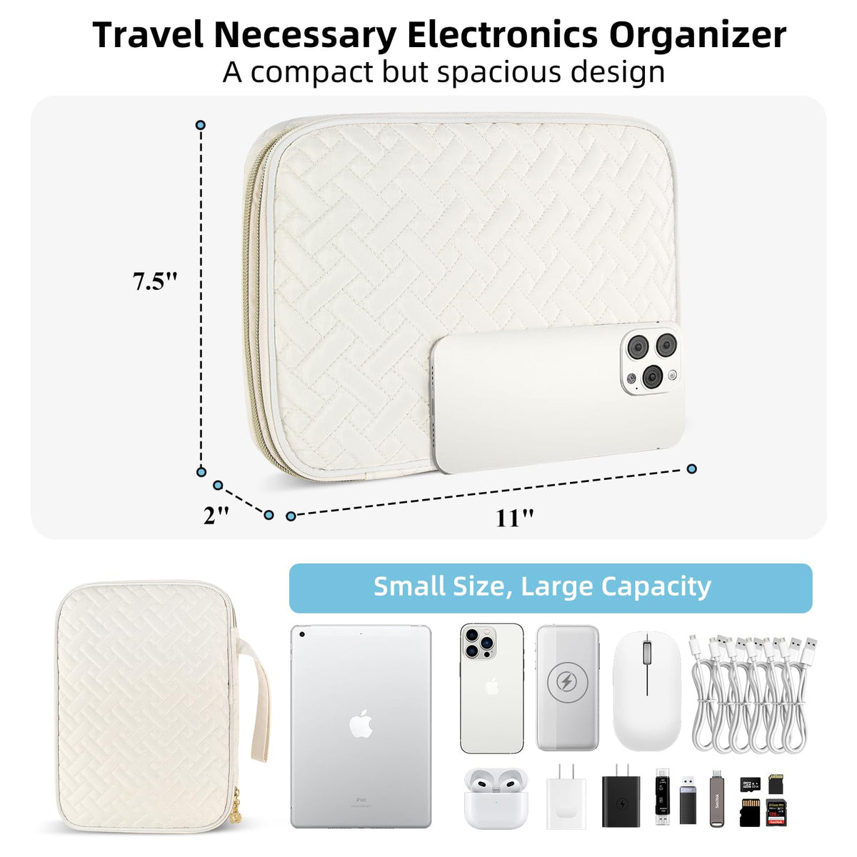 ZFZGFRCS Electronics Organizer Travel Case, Charger Bag Cord Organizer Travel, All-in-One Cable Organizer Bag for Charger, Cords, Phone, Headphones, Flash Drive, SD Card (Beige, Large-Double Layer)