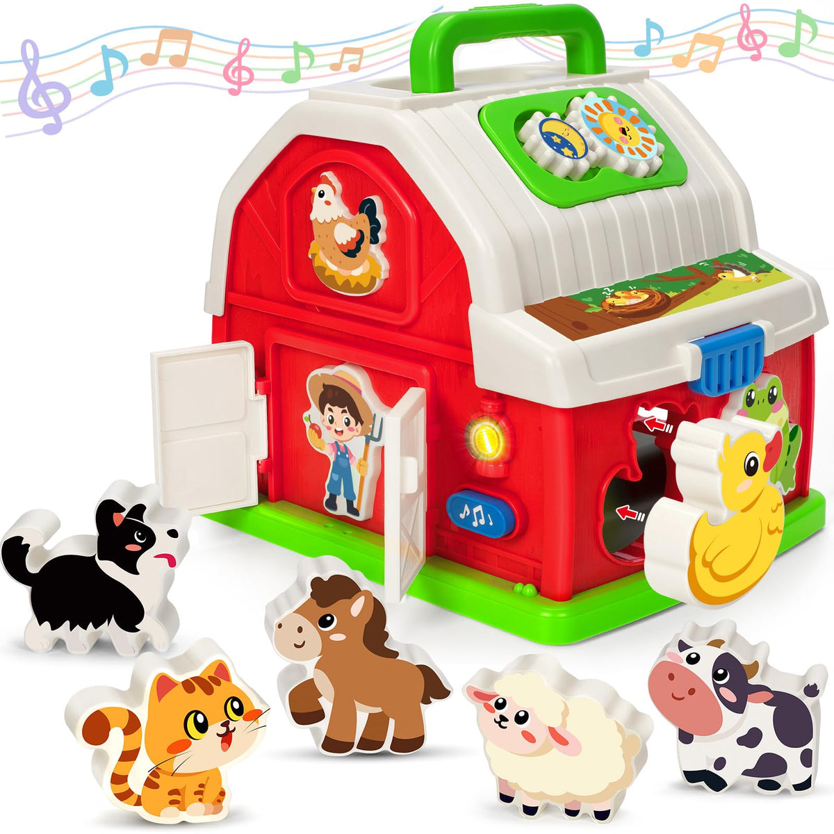 Montessori Toys for 1 2 3 Year Old Boys Girls, Musical Barn Farm Animal set for Toddler, Shape Sorting Educational Toy for Baby 12-18 Month, Learning Fine Motor Skills, Christmas Birthday Easter Gifts