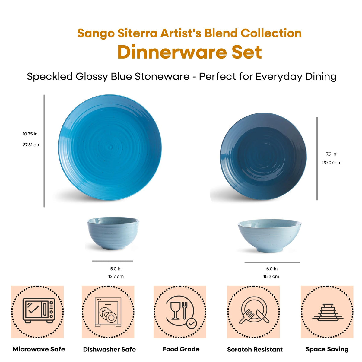 Sango Siterra Artist's Blend 16-Piece Stoneware Dinnerware Set – Service for 4, Ocean Blue Glossy Glaze with Unique Speckled Design, for Everyday Dining & Entertainment, Microwave & Dishwasher Safe