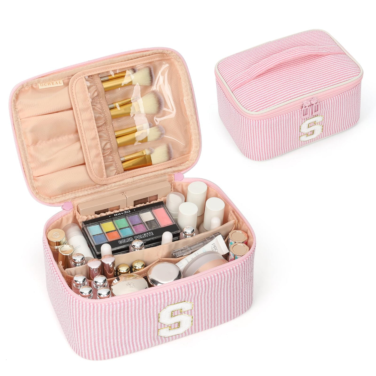 OCHEAL Makeup Bag for Women, Monogram Cosmetic Bag Pink Travel Makeup Case Beauty Toiletry Bag Organizer Personalized Gifts for Girls Bridesmaid, Sister, Wife, Friends Initial S