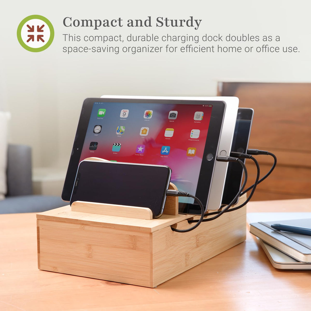 Prosumer's Choice Wooden Charging Station Organizer - 5-Port Base for Phones, Tablets and Laptops - Multi-Device Docking Station with Removable Divider Slots - Cord Box with Cable Management - Bamboo