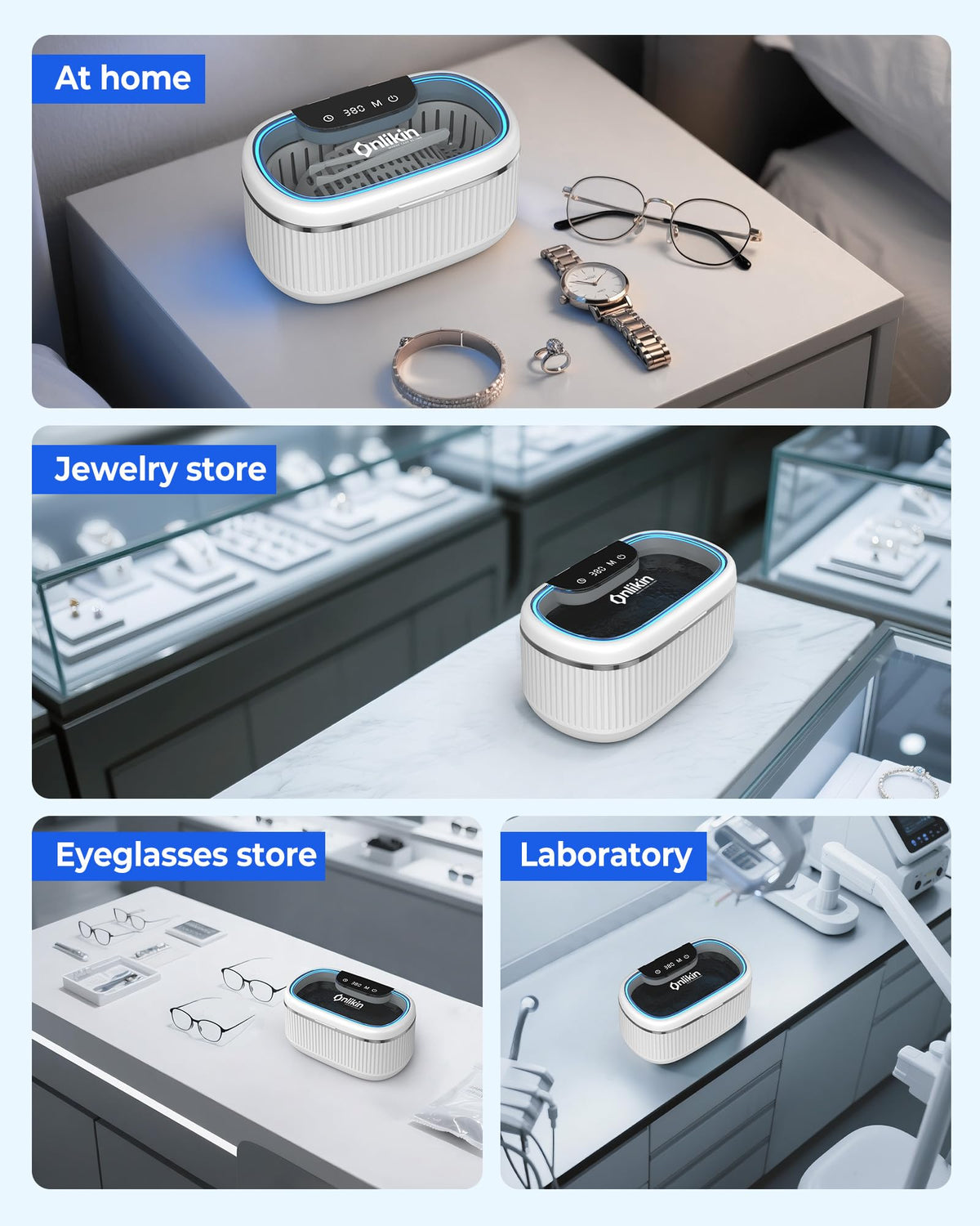 onlikin 35W Ultrasonic Jewelry Cleaner, 45KHz Retainer Cleaner for Jewelry, 5 Timer & 3 Power Modes, Eyeglasses, Rings, Watch Strap, Dentures - 20oz, 304 Stainless Steel Tank, Quiet <38dB (White)