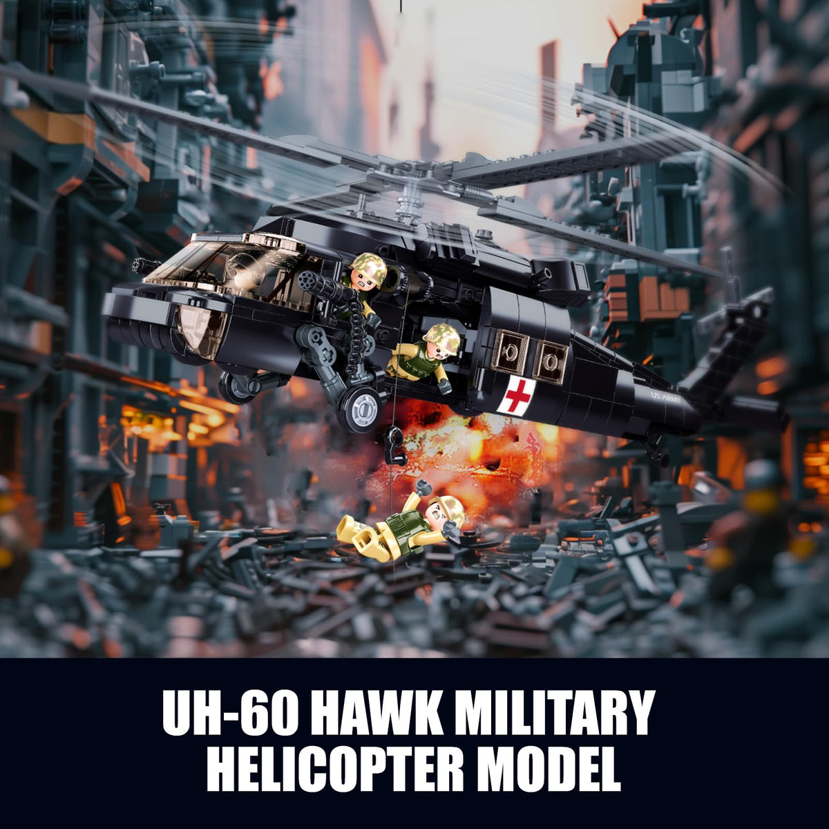UH-60 Black Utility Helicopter Building Set for Adults, Compatible with Lego Military Army Airplane, Hawk Plane Model Kit with 4 Soldier Figures, Birthday Gift Toys for 8-14 Boys Kids (692 PCS)