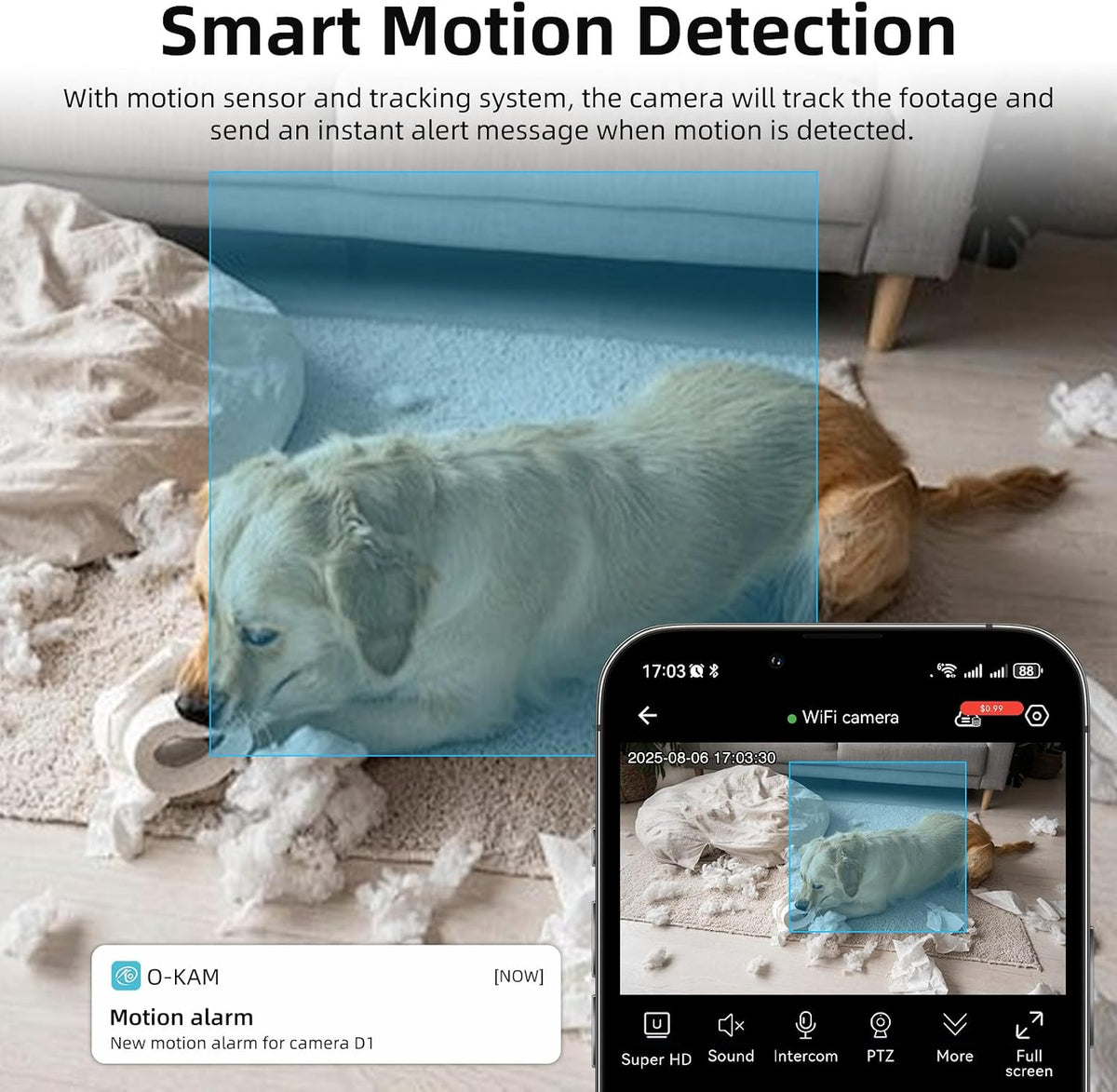 Apone 2.4Ghz 360 WiFi Security Camera Indoor, Baby Monitor Pet Camera for Home Security, One-Touch Call, Smart Motion
