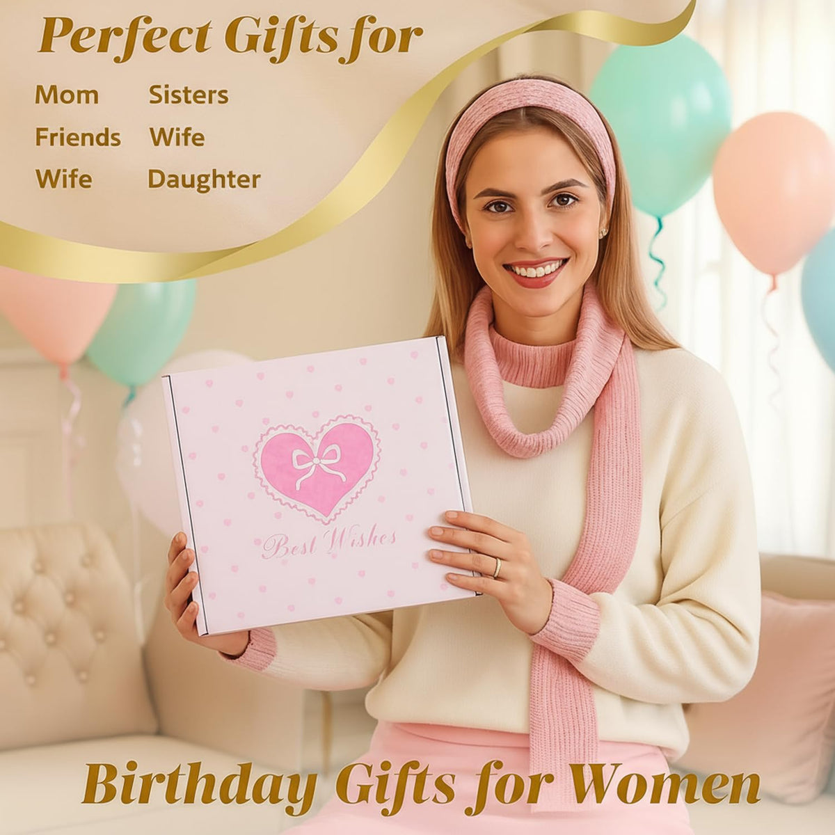 LANGASQUE Birthday Gifts for Women Teen Girls, Happy Birthday Gift Baskets for Women, Coquette Pink Bow Glass Cup Gift Box Set, Chrismas Gifts for Daughter Sister Wife Girlfriend Mom