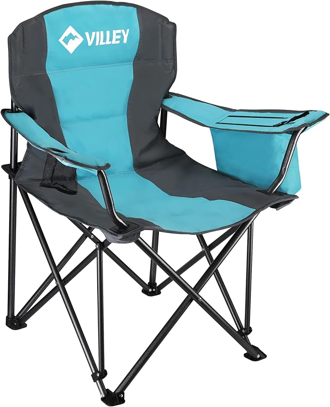 VILLEY Camping Chair, Oversized Folding Camp Chair, Portable Outdoor Chairs Support 400 LBS with Padded Seats, Cooler Bag, Cup Holder, Carry Bag, Blue