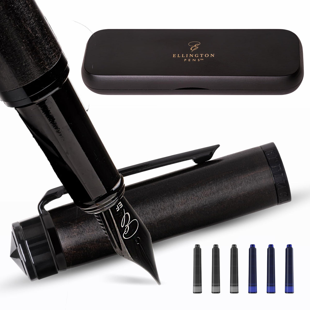 Ellington Pens Luxury Wood Fountain Pen Set – Fine Nib - Includes 6 Ink Cartridges, Wooden Pen Gift Box, Ink Converter - Wood Pen For Writing, Calligraphy, Journaling, Drawing (Ebon Elegance)