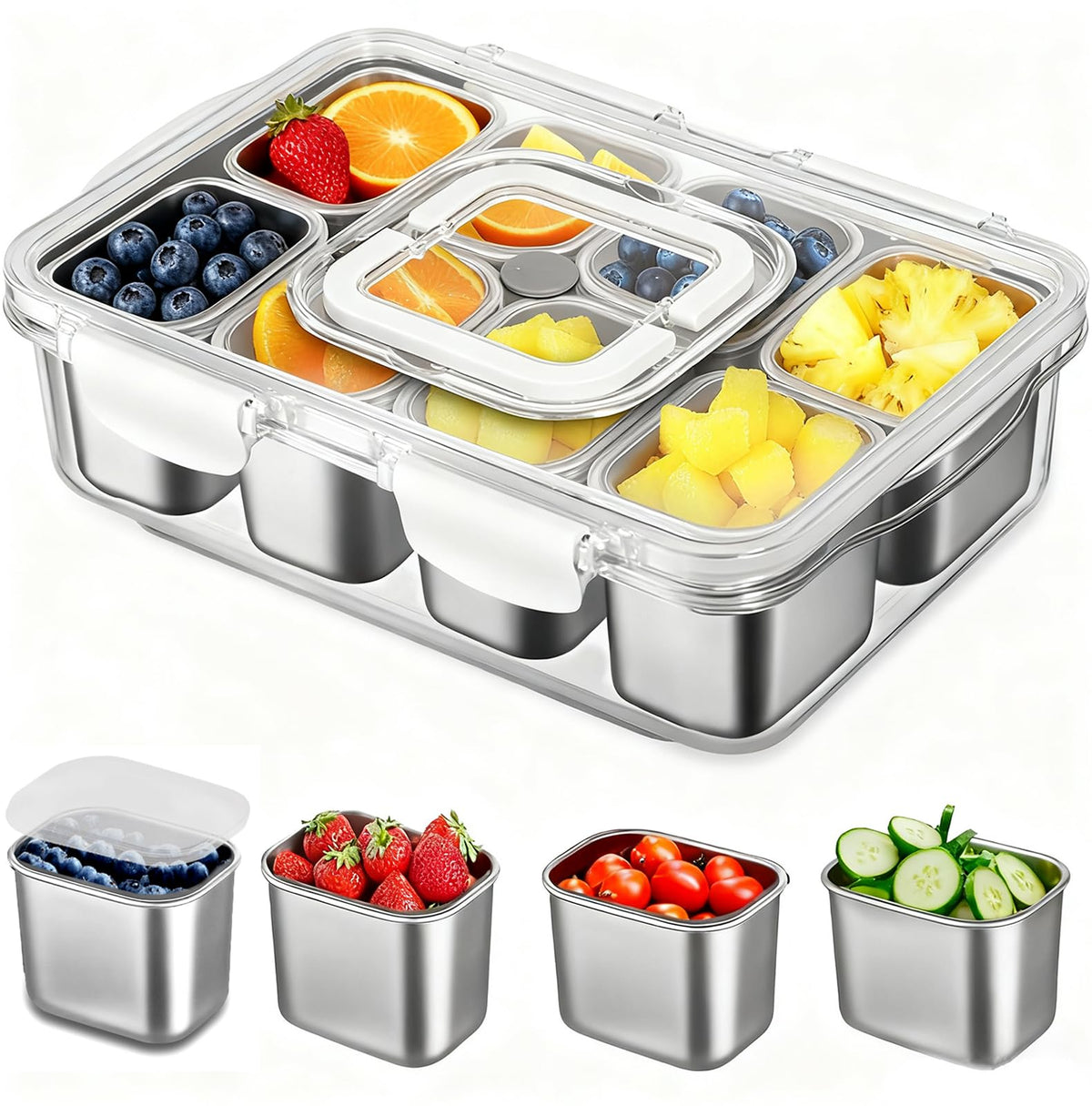 kidinit Snackle Box Container, Stainless Steel Divided Serving Tray with Lid and Handle, Large Snack Tray for Fruit Veggie Candy, 8-Compartment Snack Platter for Travel Party Beach Picnic