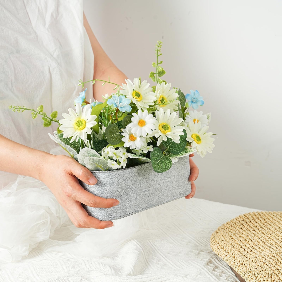 ZKIEIRE Floral Centerpieces for Tables, 12 Inch Small Artificial Flowers in Metal Pot with White Daisy Arrangement, Farmhouse Fake Potted Faux Plant for Spring Summer All Season Indoor Outdoor Decor