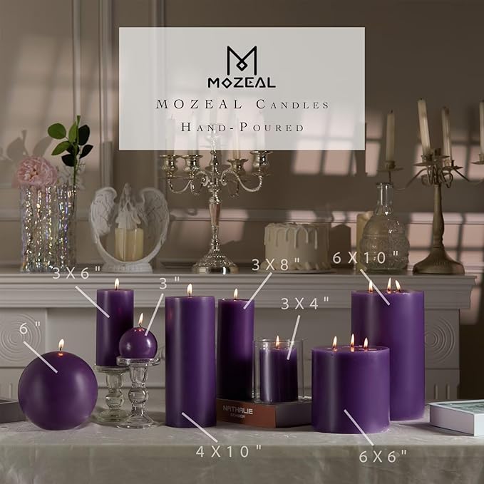 MOZEAL 3" x 4" Hand-Poured Unscented Candle,Dripless Pillar Candle Set of 3,Long Clean Burning,Approx 72 Hours Burn Time,Rustic Country Style,Wedding,Dinner,Christmas and Home Decor,Purple