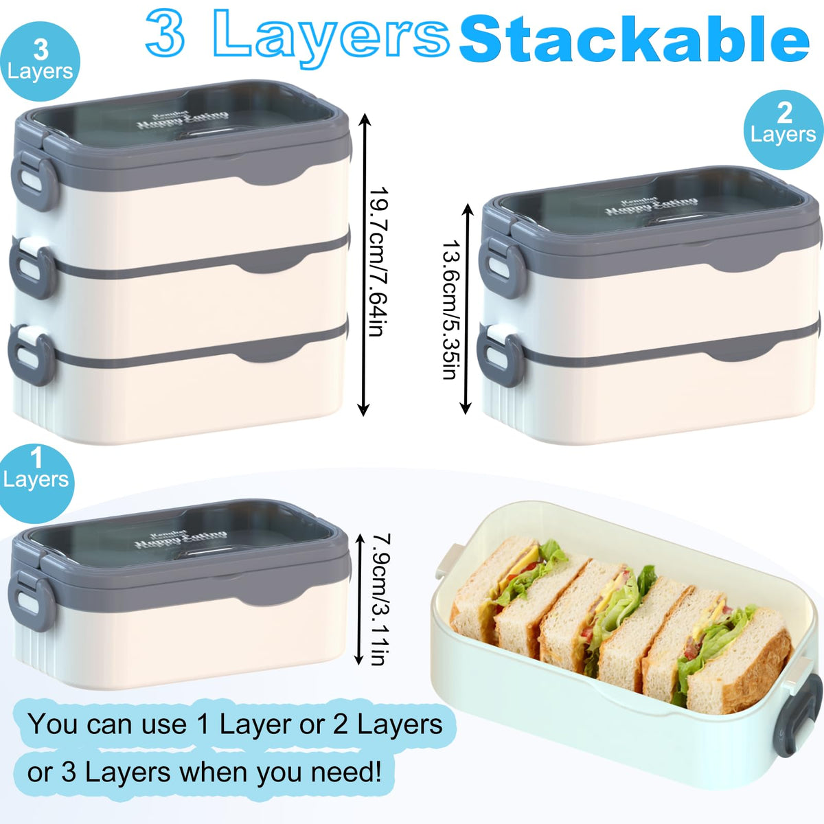 Kenuket Bento Box Adult Lunch Box, Stackable 3 Layers Large Capacity Lunch Containers, Microwave and Dishwasher Safe Food Grade Containers with Utensils, Dividers and Sauce Boxes for Men, Women, Kids