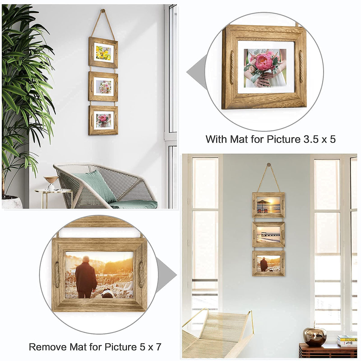 DLQuarts 5x7 Hanging Picture Frames Collage Wall Decor, 3-Opening Photo Frames 5x7 without Mat & 3.5x5 with Mat, Rustic Wood, Carbonized Black