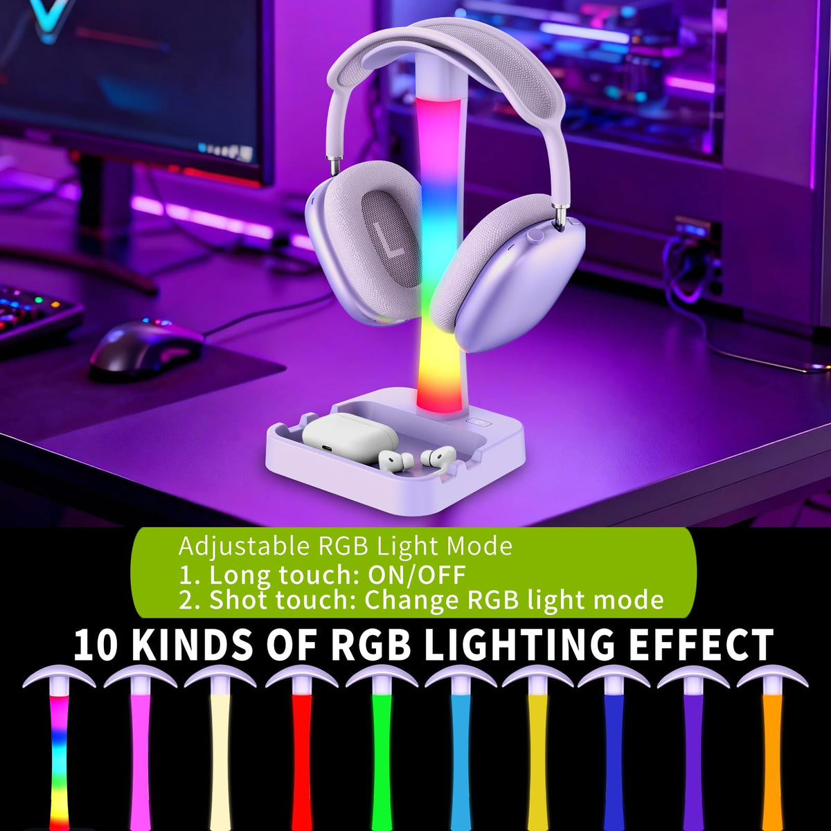 Tascaquin Headphone Stand with Charger,Gaming Headset stand with RGB Light Mode,For Airpod Max Stand,Desk Lamp,Phone Holder,Tablet Holder,desktop organizer,Gifts for Gamers & Music Lover (Purple)