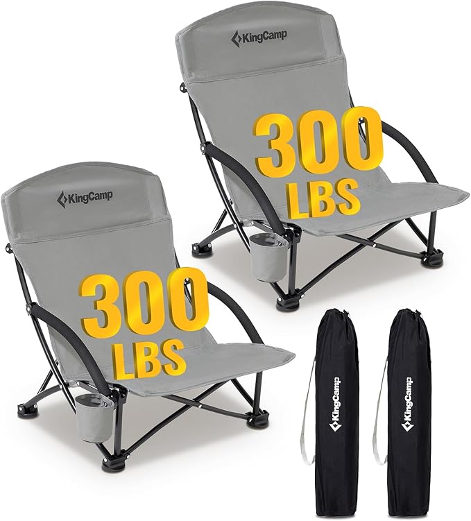 KingCamp Low Beach Chairs, Portable Folding Chair for Adults Extra Wide Ergonomic High Back Seat 300lbs Heavy Duty Lightweight Oversized Gear with Carry Bag for Outdoor Lawn Camping Picnic