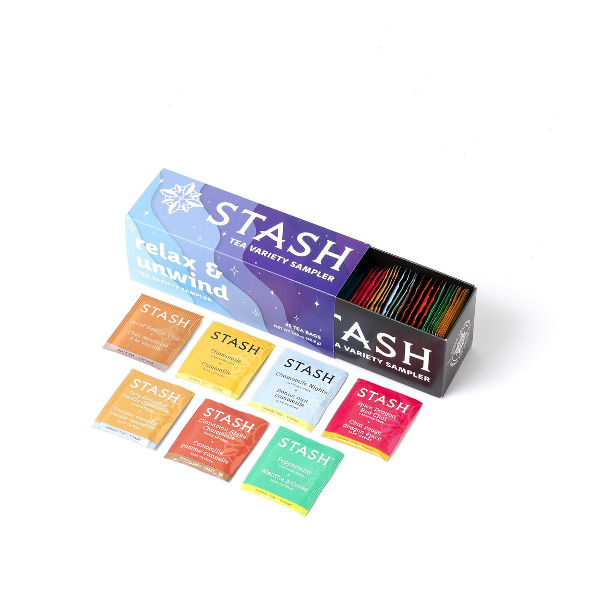 Stash Tea Relax and Unwind Tea Sampler - Assorted Specialty Tea Gift Set, Calming Herbal Teas to Support Relaxation, 7 Flavors, 35 Tea Bags