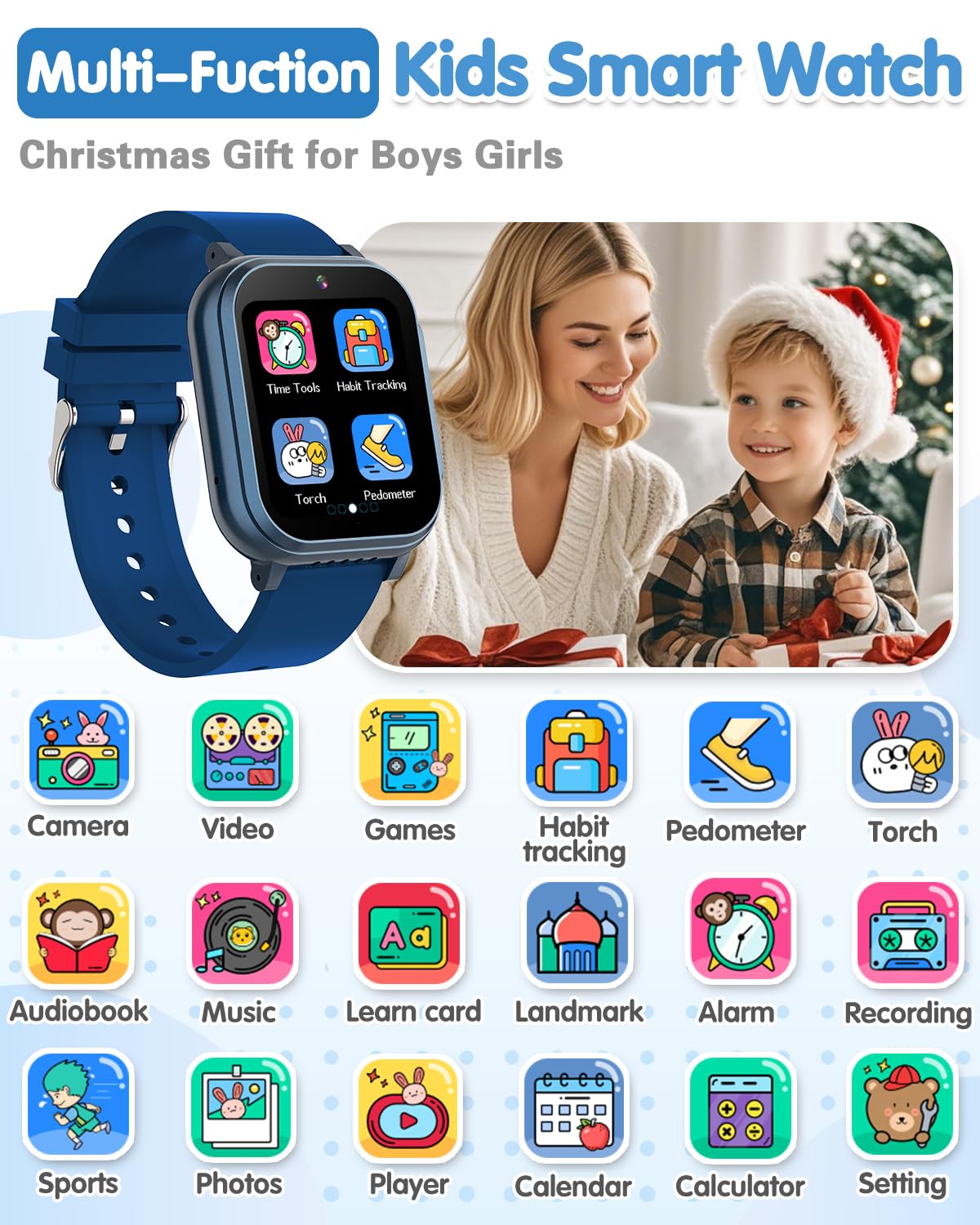 Waterproof Smart Watch for Kids with 32 Games Dual Camera, Habit Tracking, Alarm, Pedometer, HD Touchscreen with Protector, Kids Watch Toys for Boy Age 5-12 Christmas Birthday Gift Boys Girls(Blue)