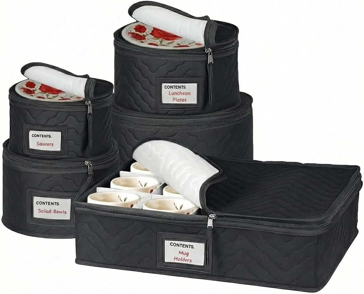 China Storage Containers 5-Piece Set - Sturdy Quilted Microfiber Dish Organizer for Dinnerware, Black