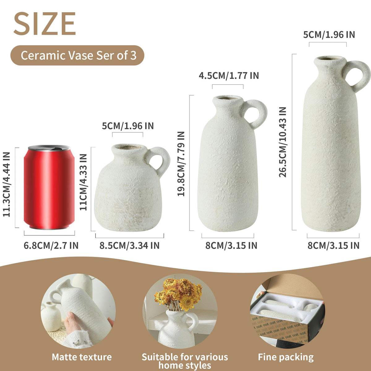 Ceramic Vase Set of 3 with Handle, Neutral Rustic Vases Home Decor Farmhouse Decorative Vase Whitewashed Pottery Decor Modern for Table Mantel Entryway Bookshelf Living Room Kitchen Bedroom - White
