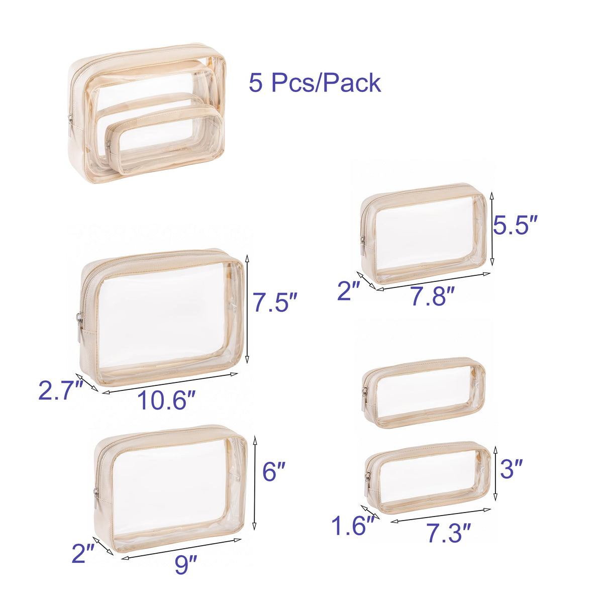 Remobia Hicol TSA Approved 5-Piece Diaper Bag Organizer Pouch Set Clear Waterproof TPU Kids Toiletry Storage Set Travel Packing Clutch Cube Bags for Baby Nursing(Cream leather)