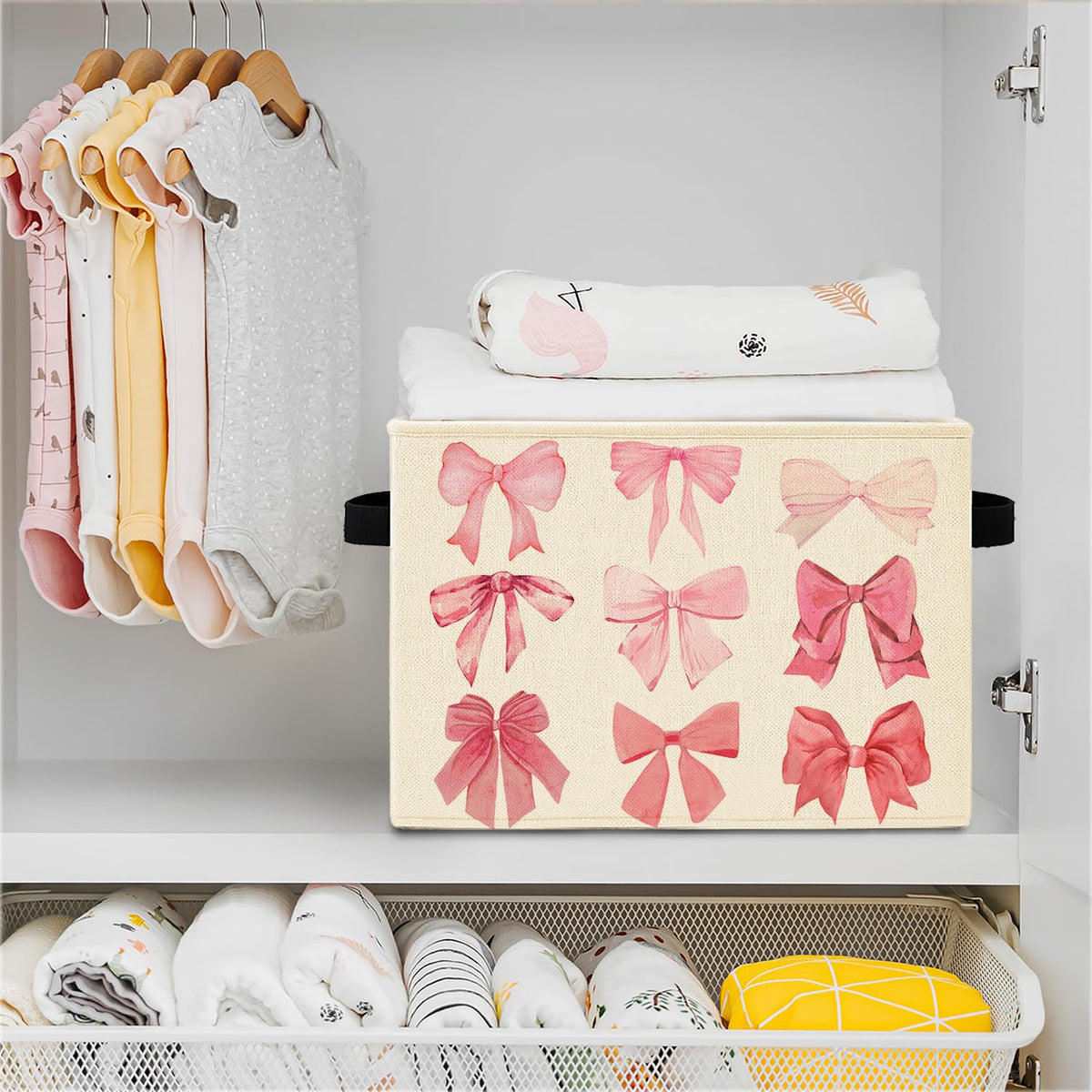 Elefeltclave Coquette Pink Bow Storage Bins,Preppy Girly Bow Aesthetic Collapsible Storage Basket Organizer for Girls Dorm Bedroom Bathroom Clothes Toys Books,Toybox for Girls