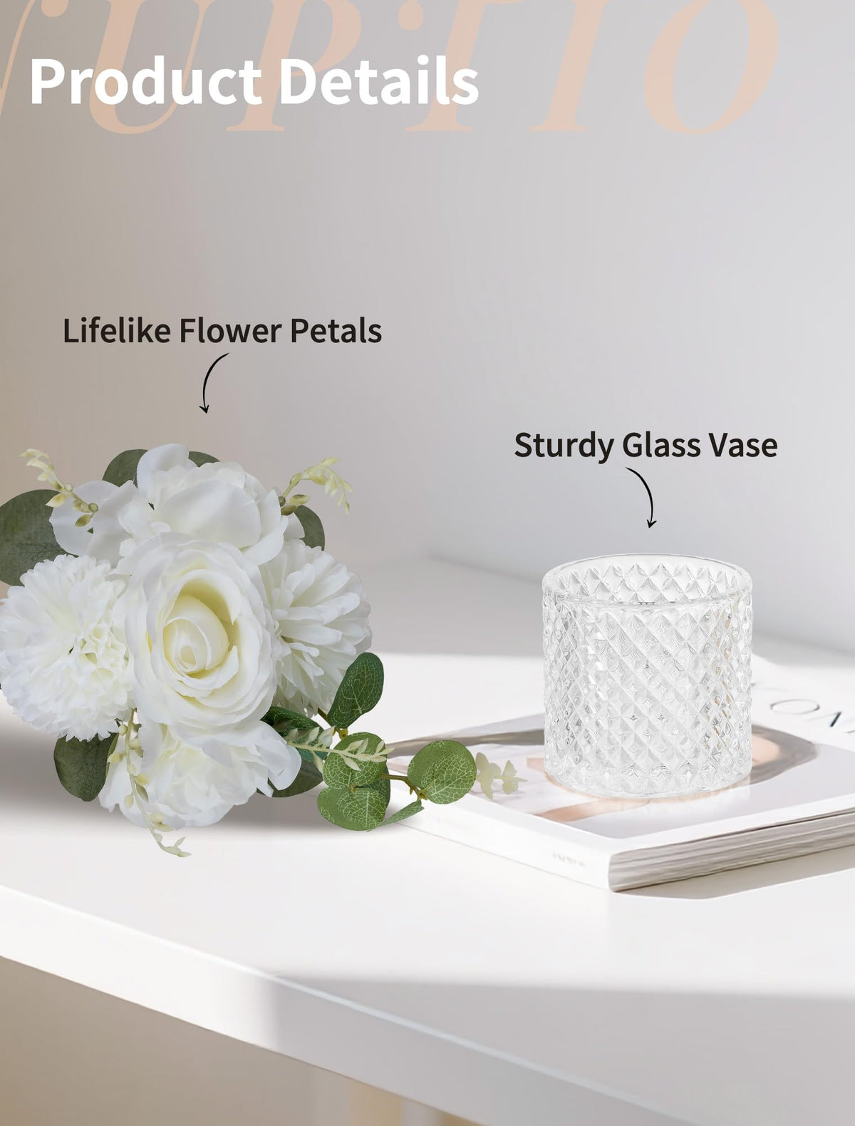 NUPTIO Small Fake Flower in Vase: 6 Pcs Silk Artificial Flowers with Clear Glass Vases for Living Room Bathroom Office Decor - Faux Rose Mums Floral Arrangements Wedding Dining Table Centerpiece