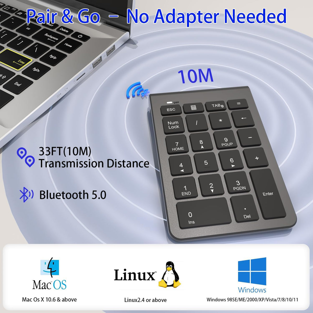 Rytaki Pro 22 33ft Bluetooth Number Pad, Wireless Numeric Keypad with Keys - Portable Numpad