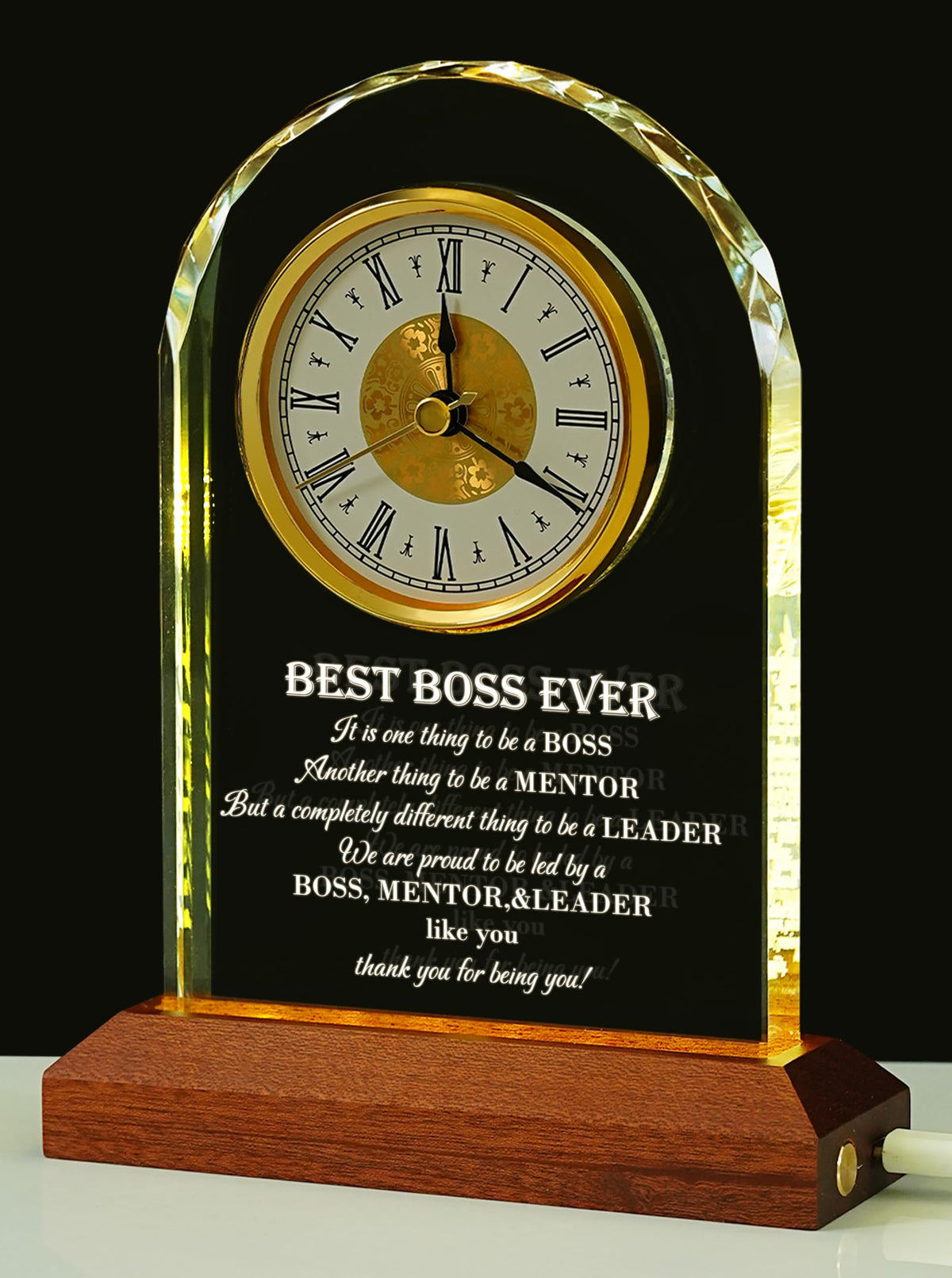Best Boss Ever Gifts for Men & Women — Glass Desk Clock with Wooden Light Base | Boss Appreciation & Retirement Farewell for Male/Female Boss, Boss’s Day Idea, Office & Home Decor, Card & Gift Box